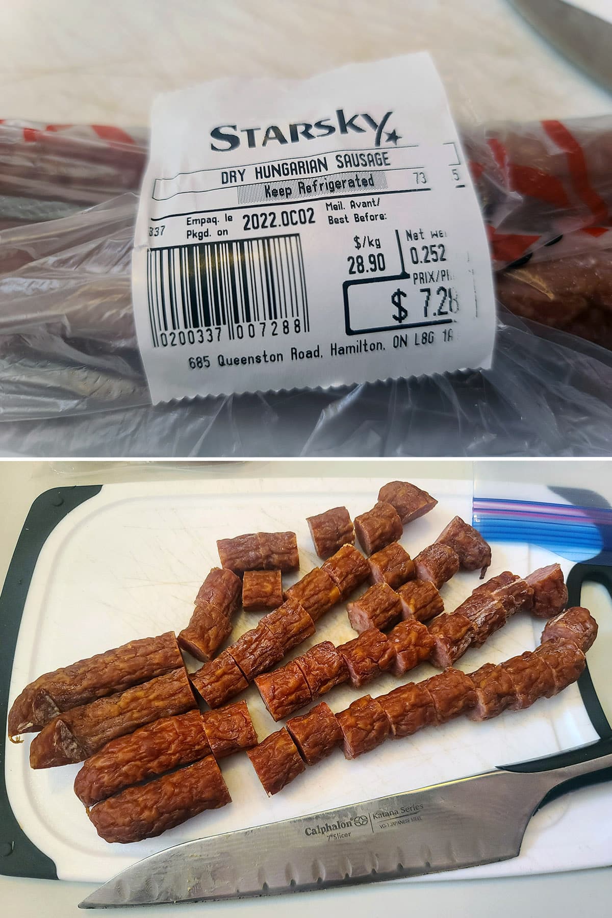 A bag of cured sausage sticks being cut into rounds.