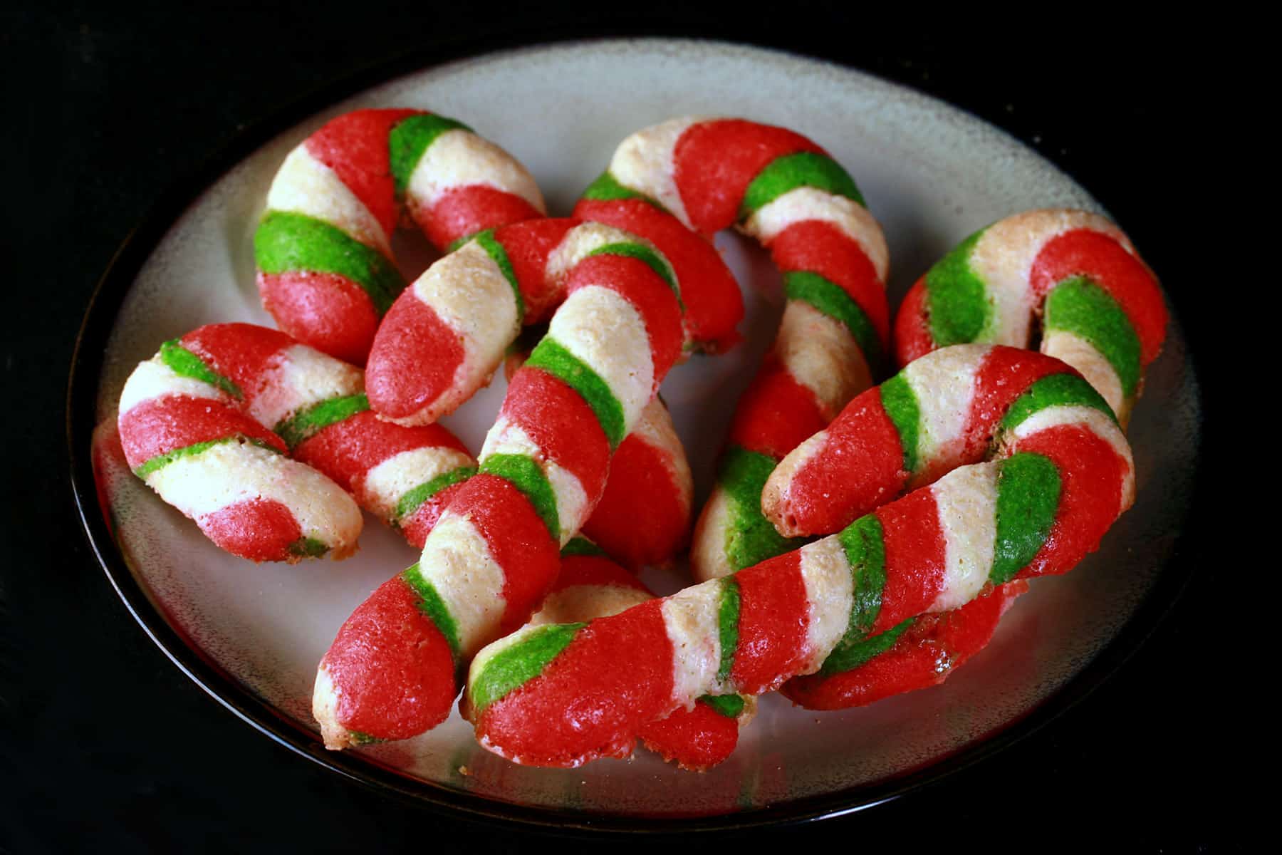 A plate of low carb candy cane cookies.