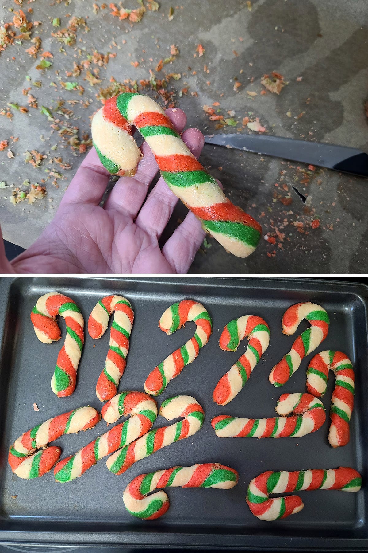 A 2 part image showing a knife being used to trim bubbled sugar edging off a baked cookie.