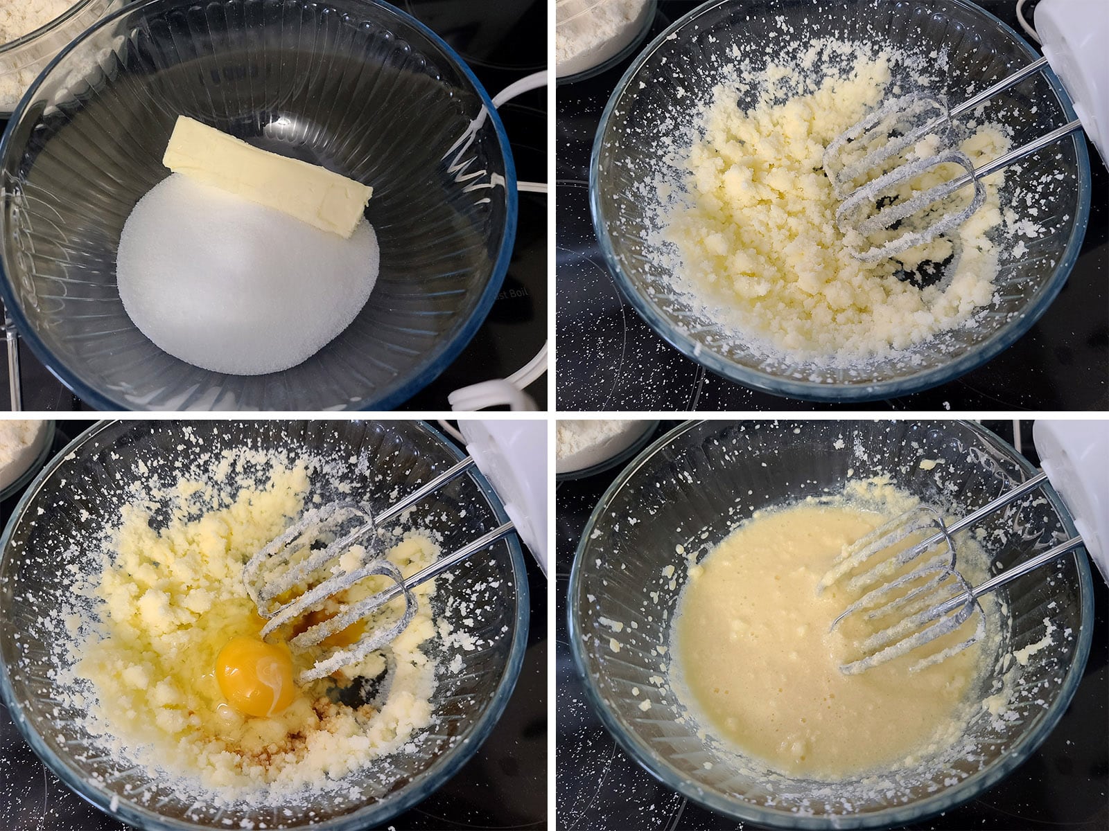 A 4 part image showing the butter and sweetener being creamed together, and the eggs and peppermint extract added.