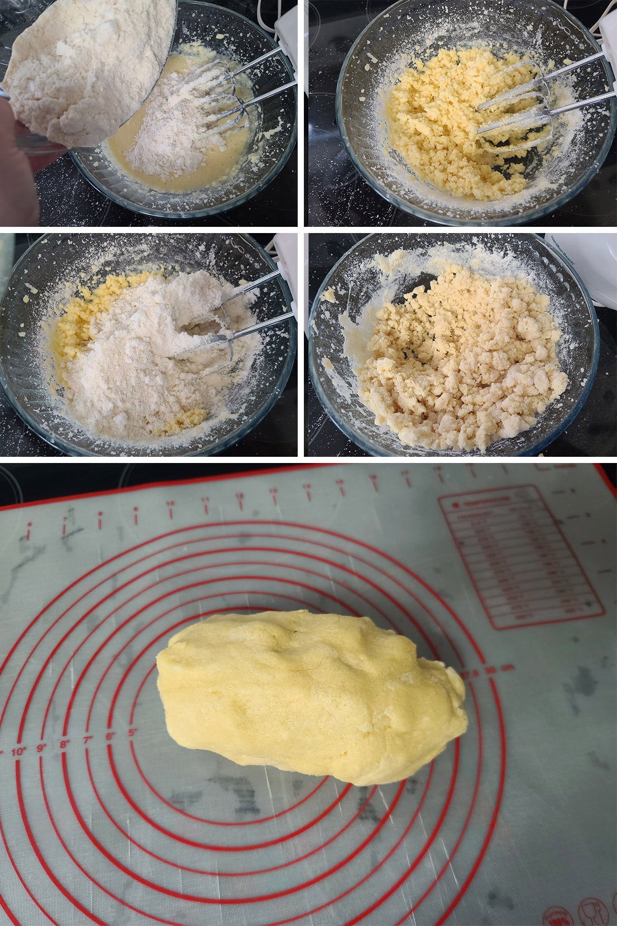 A 5 part image showing the dry ingredients being added to the wet ingredients, forming a smooth dough.