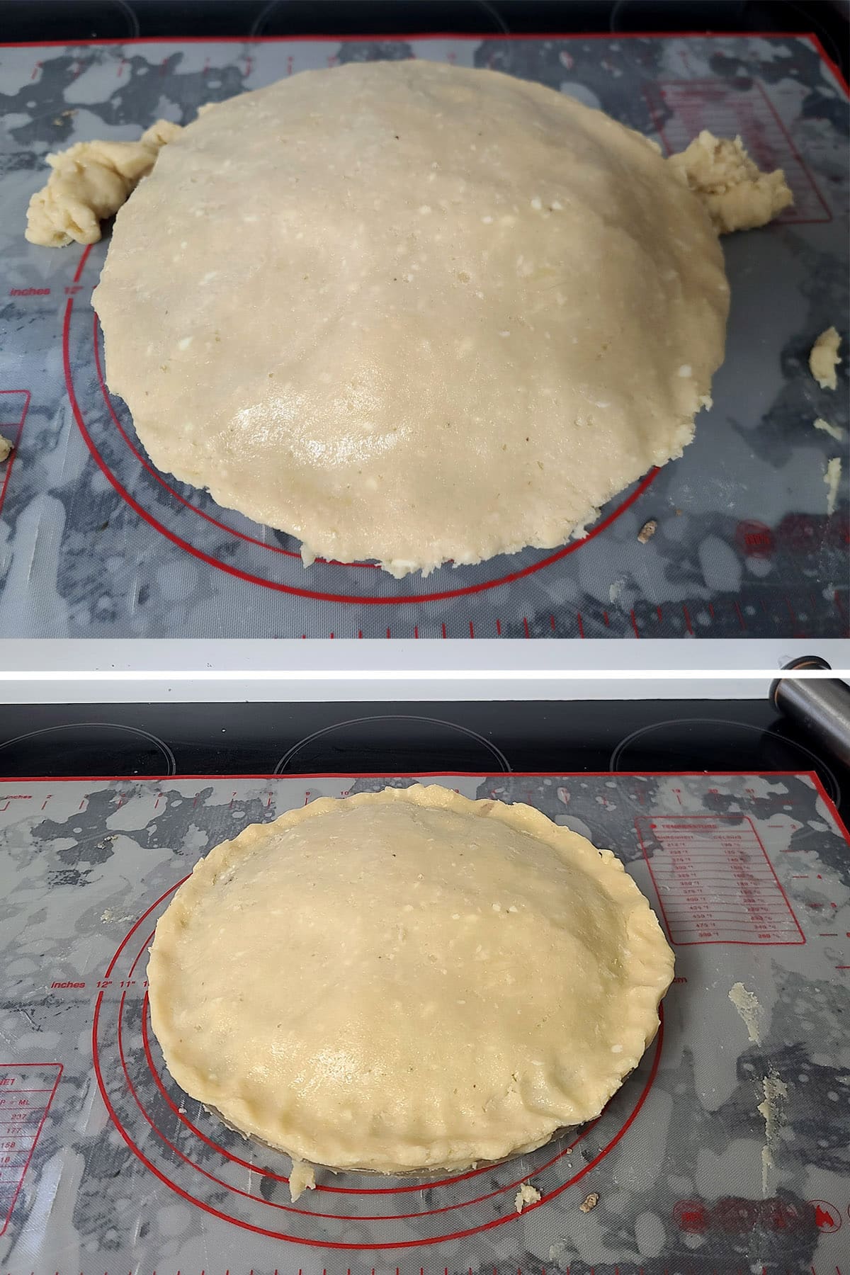 A 2 part image showing the pie crust being trimmed and fluted around the edge of the tourtiere.