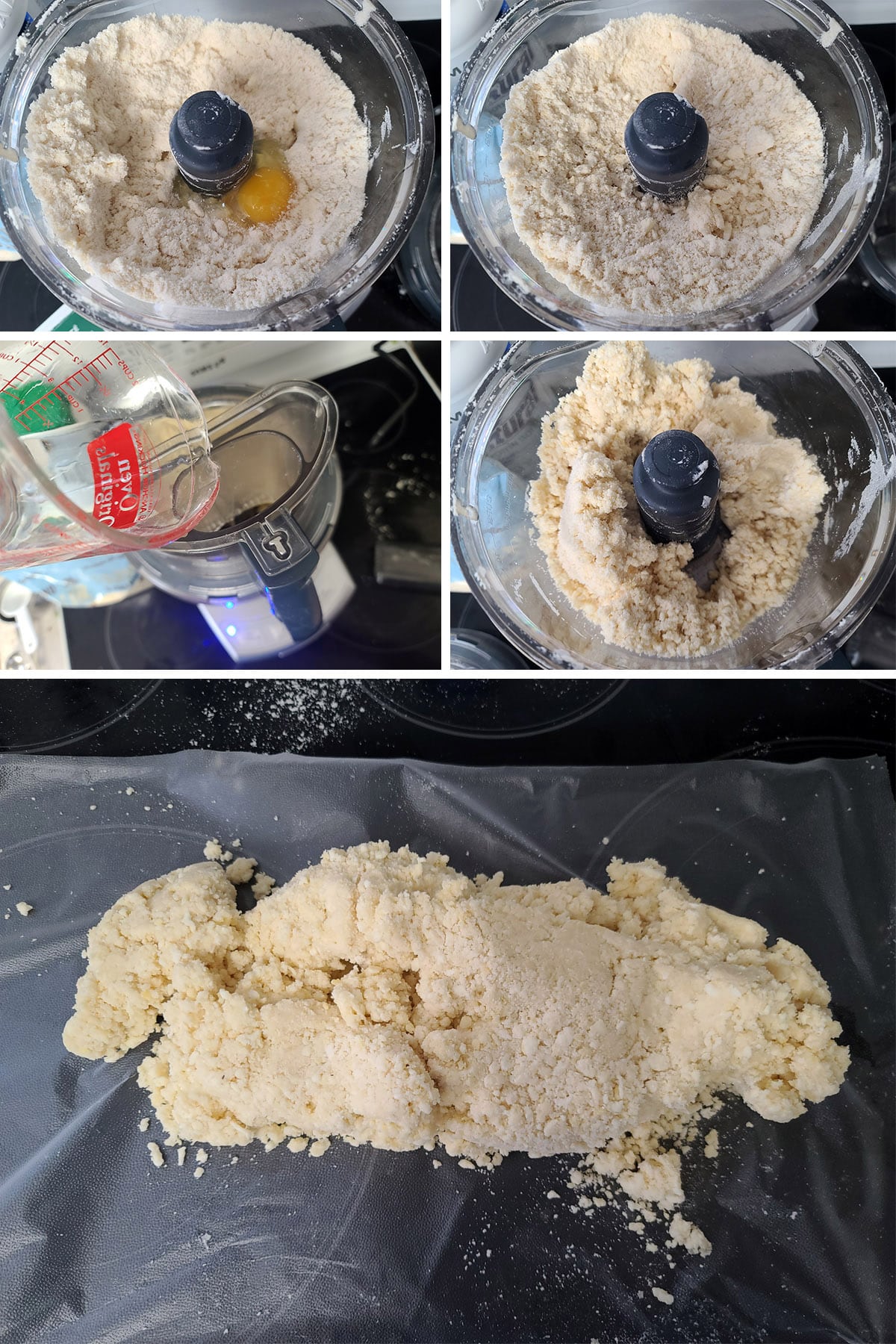 A 5 part image showing the egg and water being added to the food processor and the finished dough.
