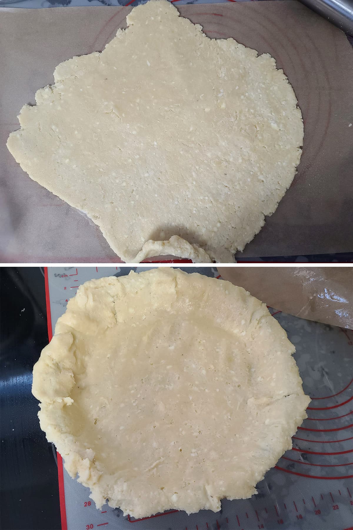 A 2 part image showing half the dough rolled out, then placed in a pie plate.