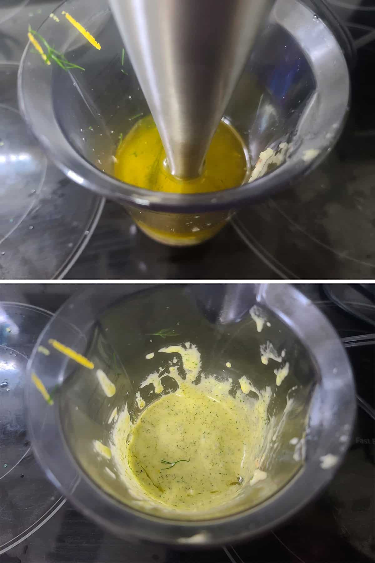 A 2 part image showing a stick blender being used to emulsify the dressing ingredients