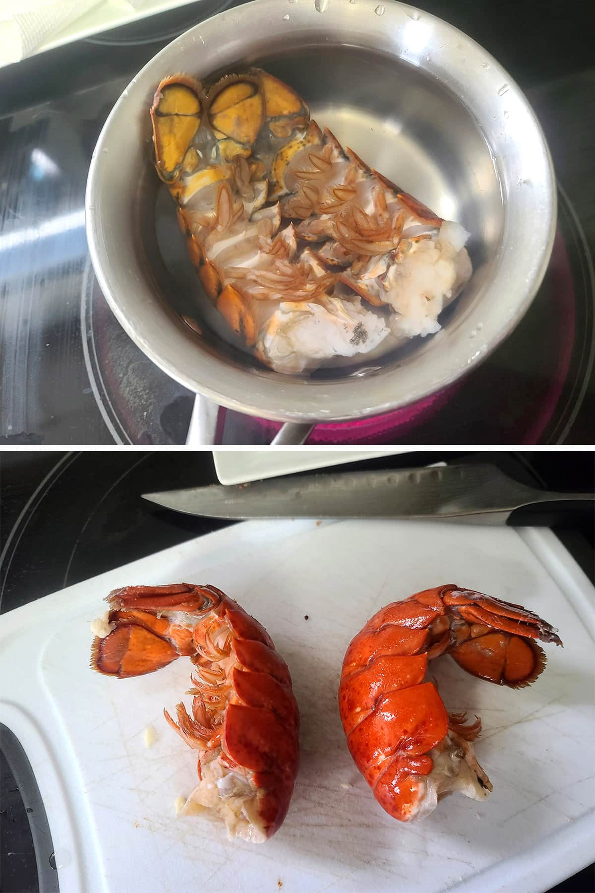 Two mini lobster tails in a small pot, then the cooked lobster on a cutting board.