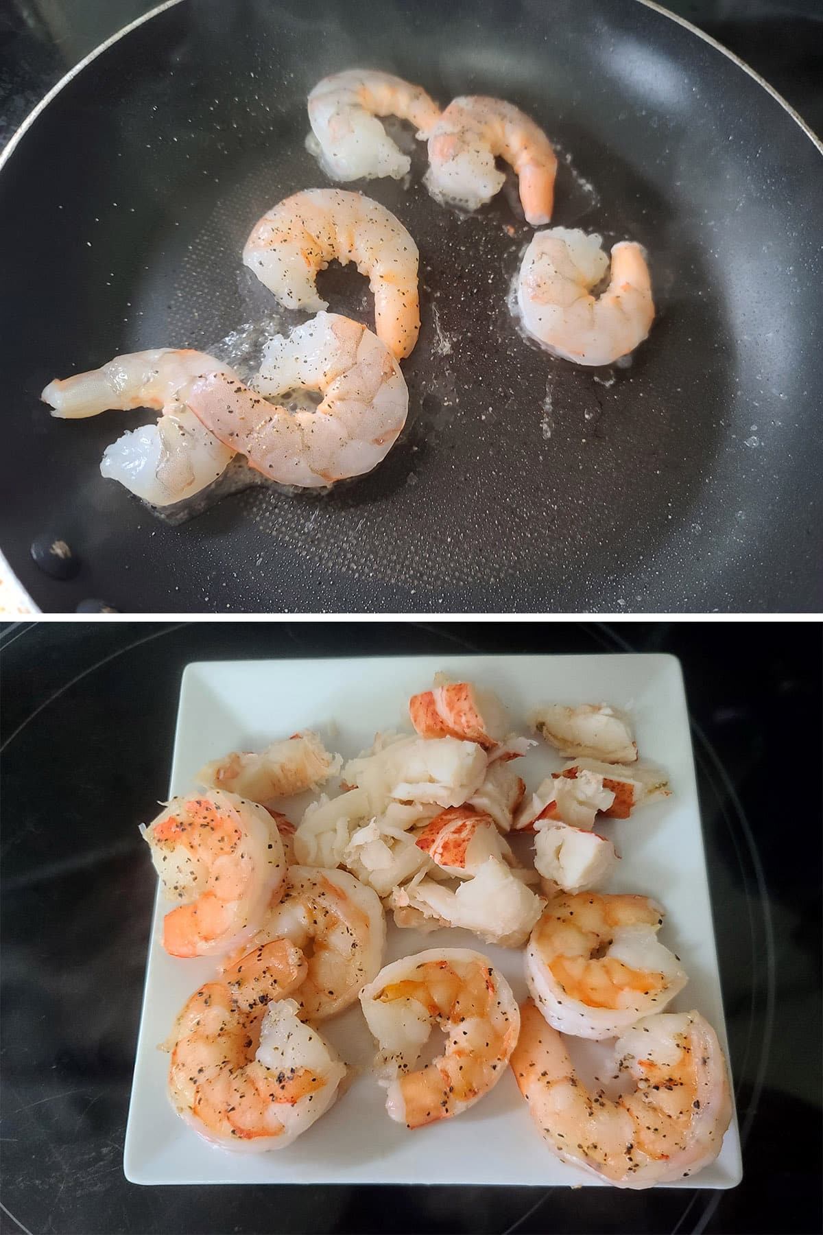 Several large shrimp in a pan, then cooked on a plate.