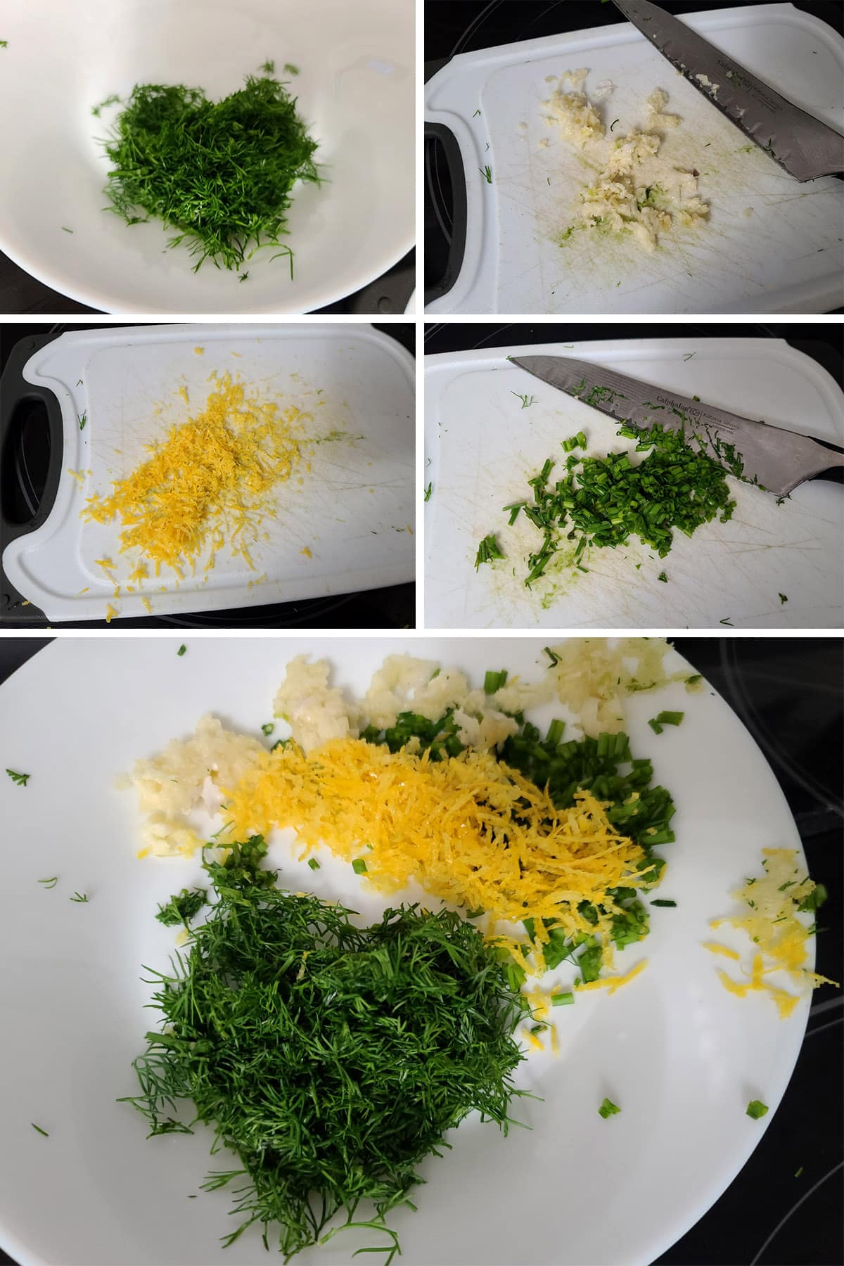 A 5 part image showing the lemon zest, dill, garlic, and chives being prepared.