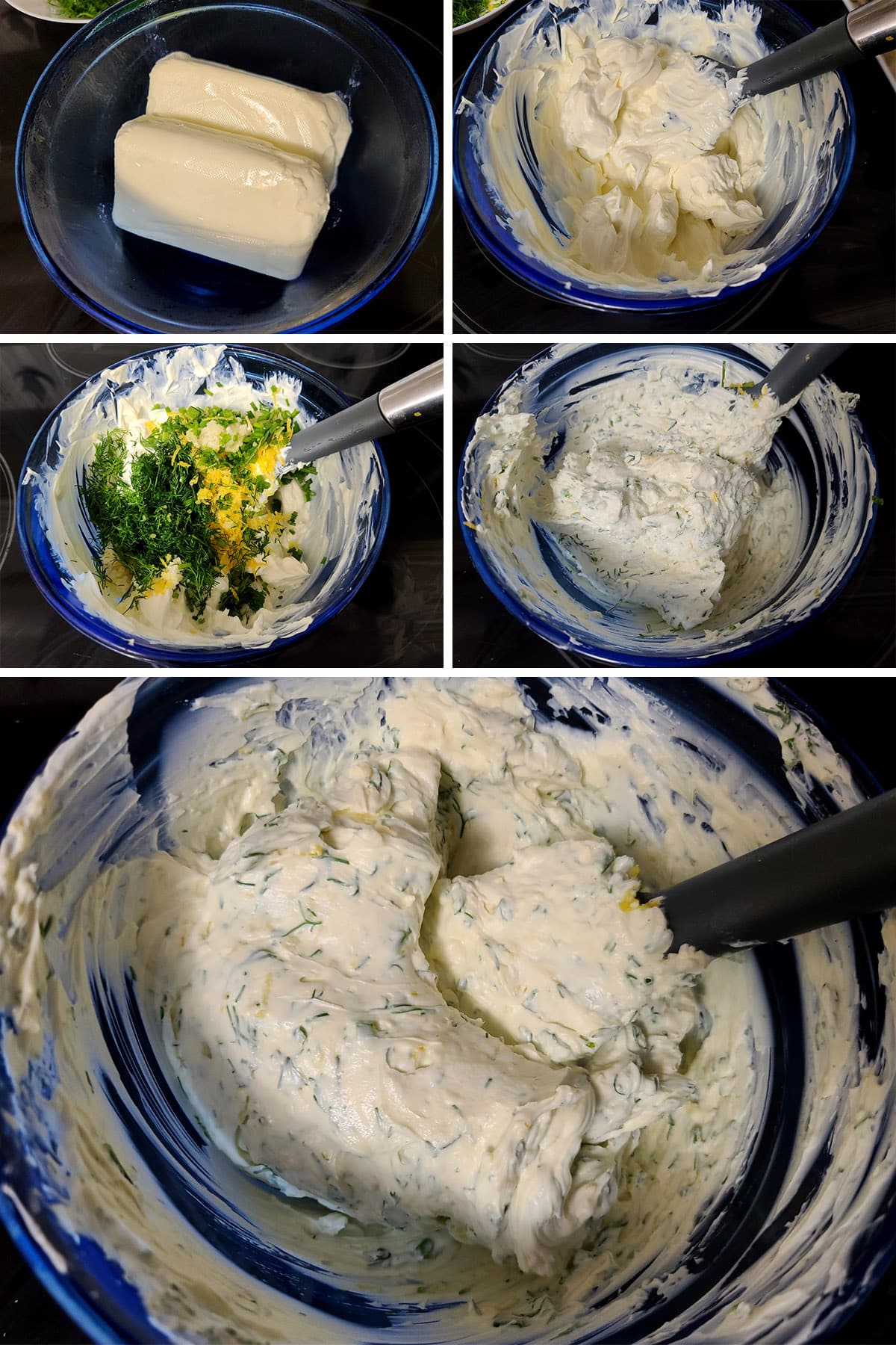 A 5 part image showing 2 bricks of cream cheese being beaten, the flavour ingredients being added and beaten in.