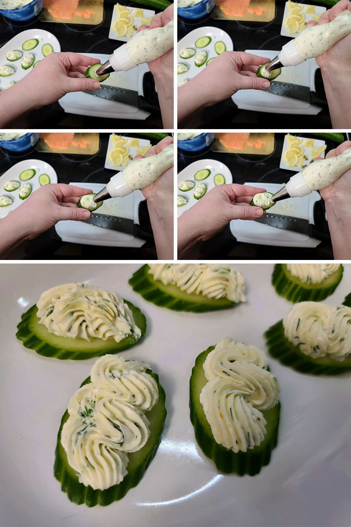 A 5 part image showing a swirls of cream cheese being piped onto cucumber slices.