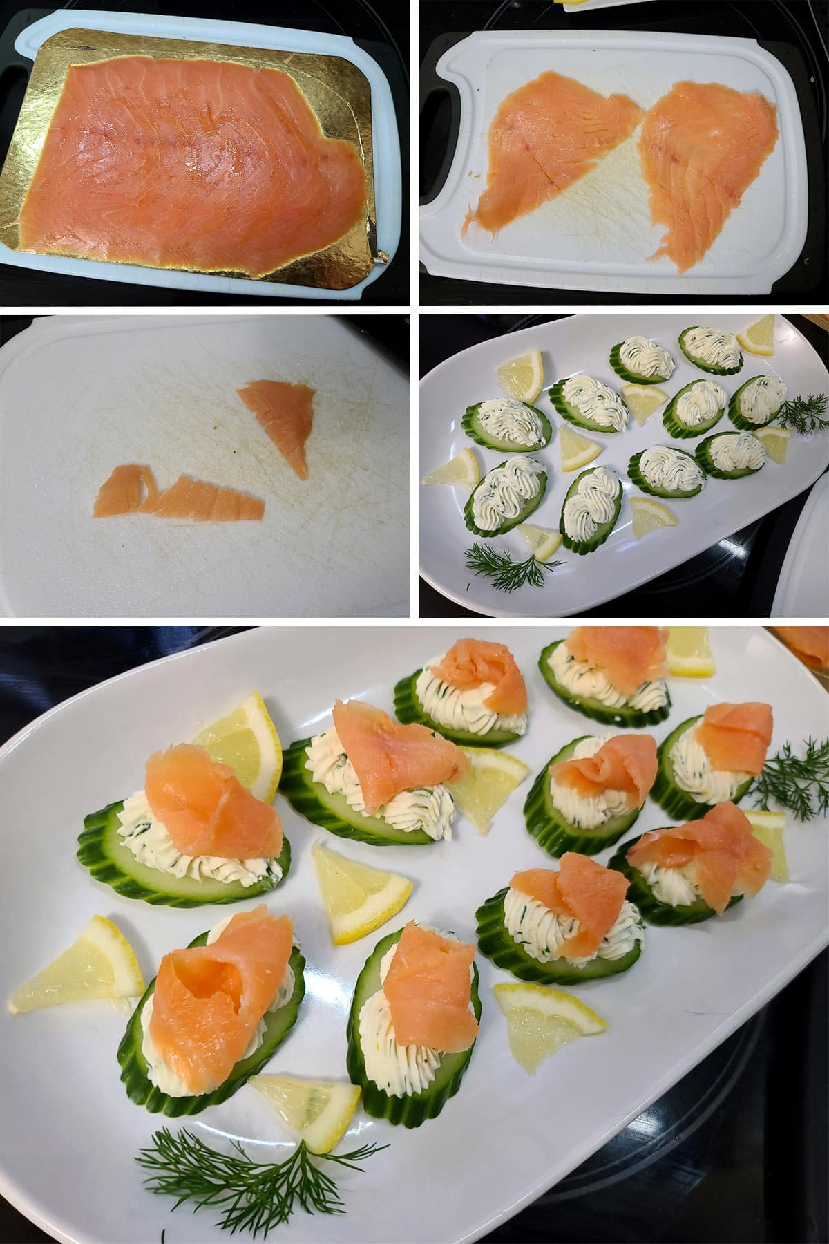 A 5 part image showing smoked salmon being cut into ribbons and arranged on the cream cheese topped cucumber slices.