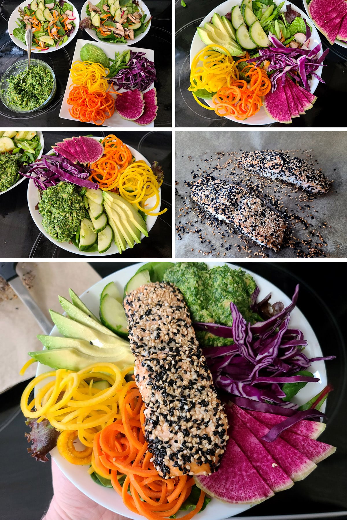 A 5 part image showing the rainbow of vegetable toppings being arranged on a base salad and topped with a baked sesame crusted salmon filet.