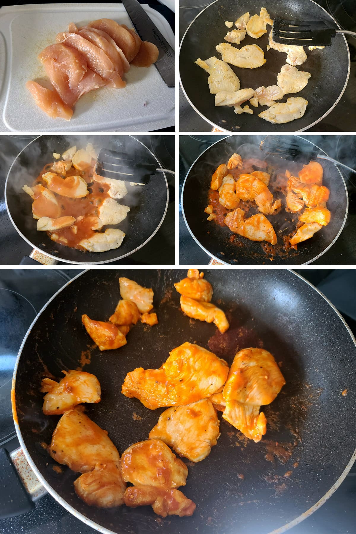 A 5 part image showing the chicken breast being sliced, cooked, coated in hot sauce, and cooked to a glaze.