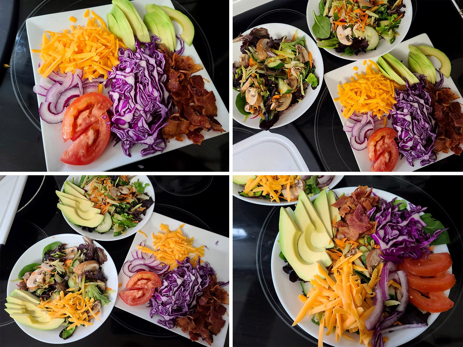 A 4 part image showing the topping ingredients being assembled and arranged on top of the base salads.