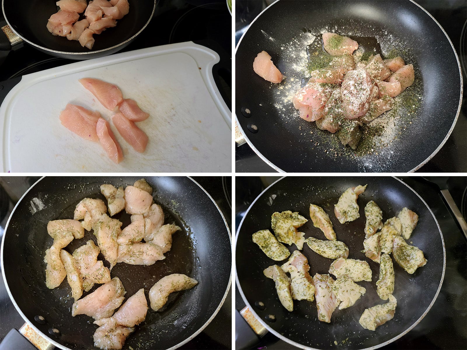 A 4 part image showing the chicken being sliced and sauteed with the seasonings.