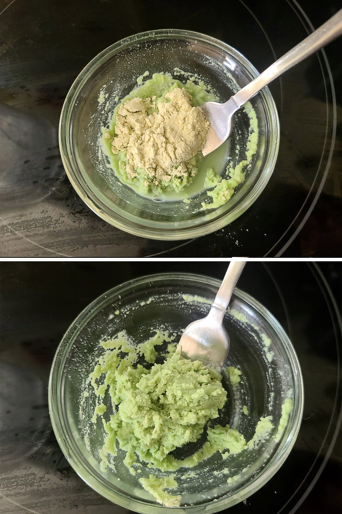A two part image showing water being mixed with wasabi powder to form a thick paste
