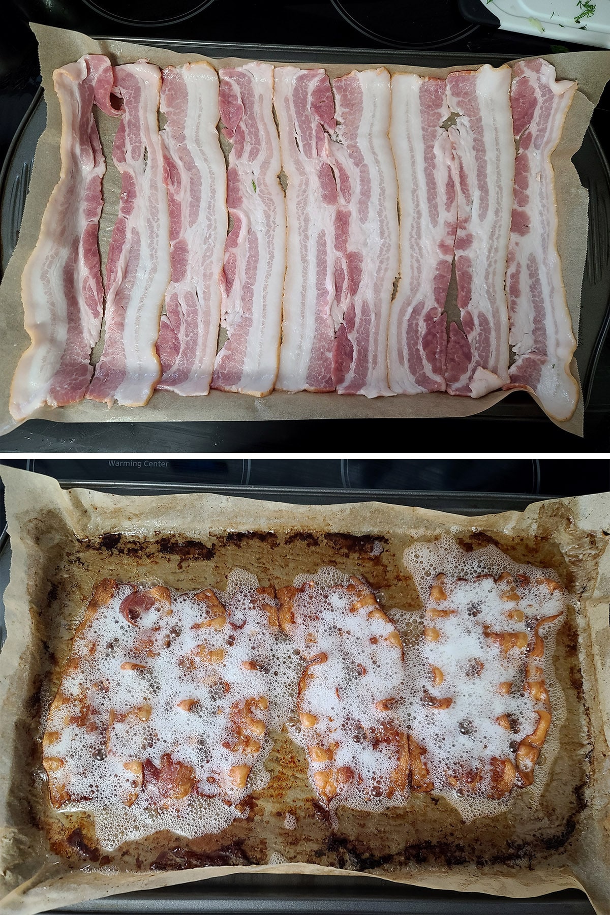 A 2 part image showing raw bacon lined up on a parchment lined baking sheet, then the same bacon after being cooked.