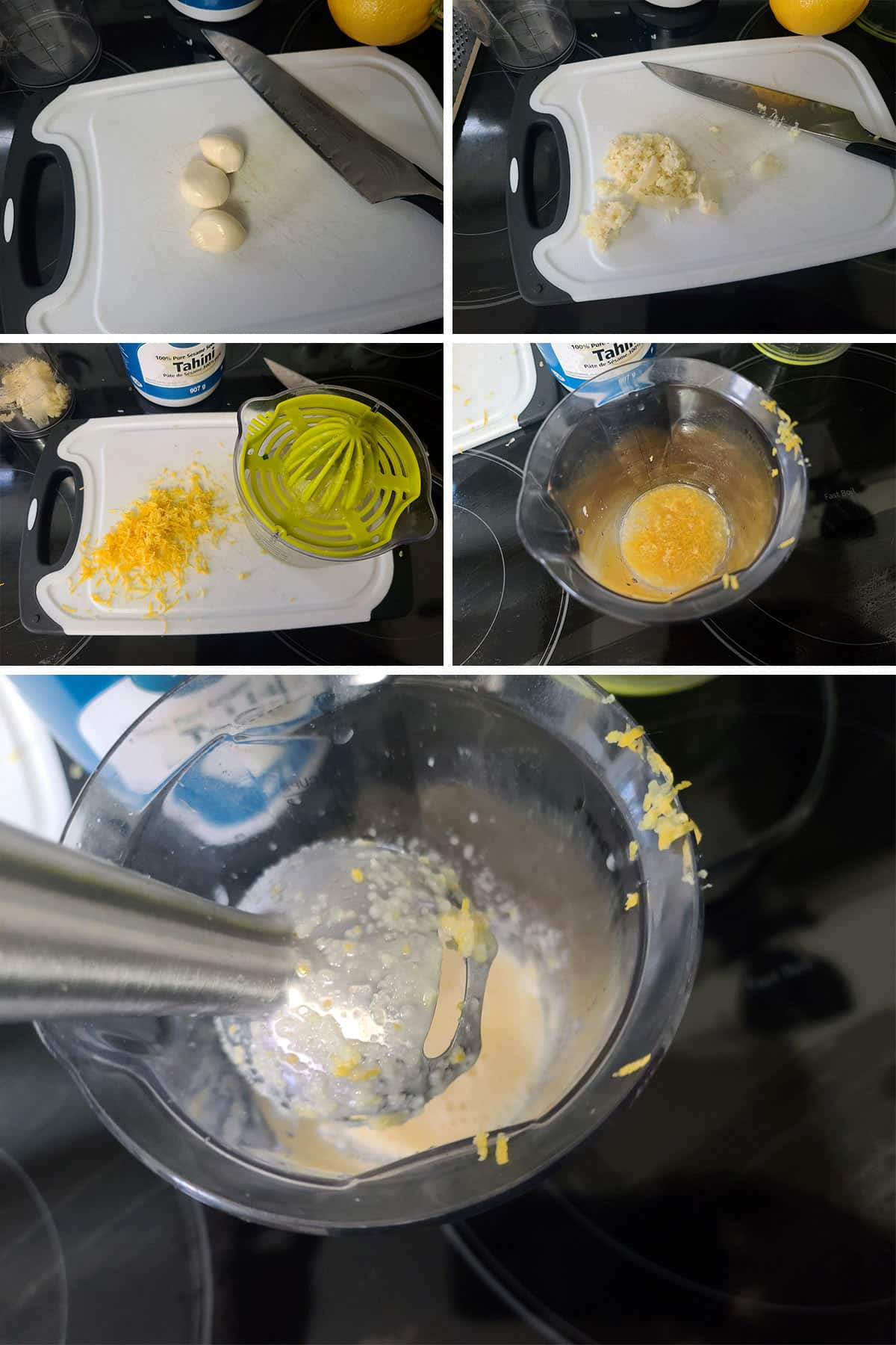 A 5 part image showing the garlic tahini dressing being blended in a stick blender cup.