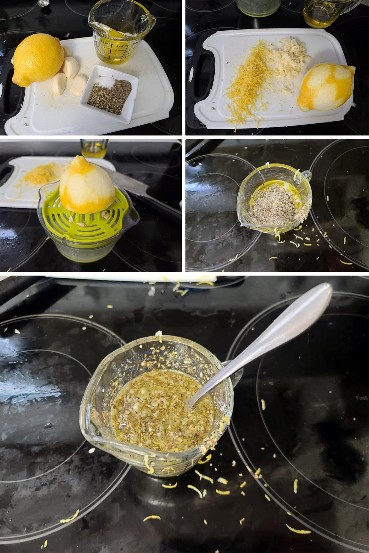 A 5 part image showing the lemon being zested and juiced, and the souvlaki marinade being mixed.