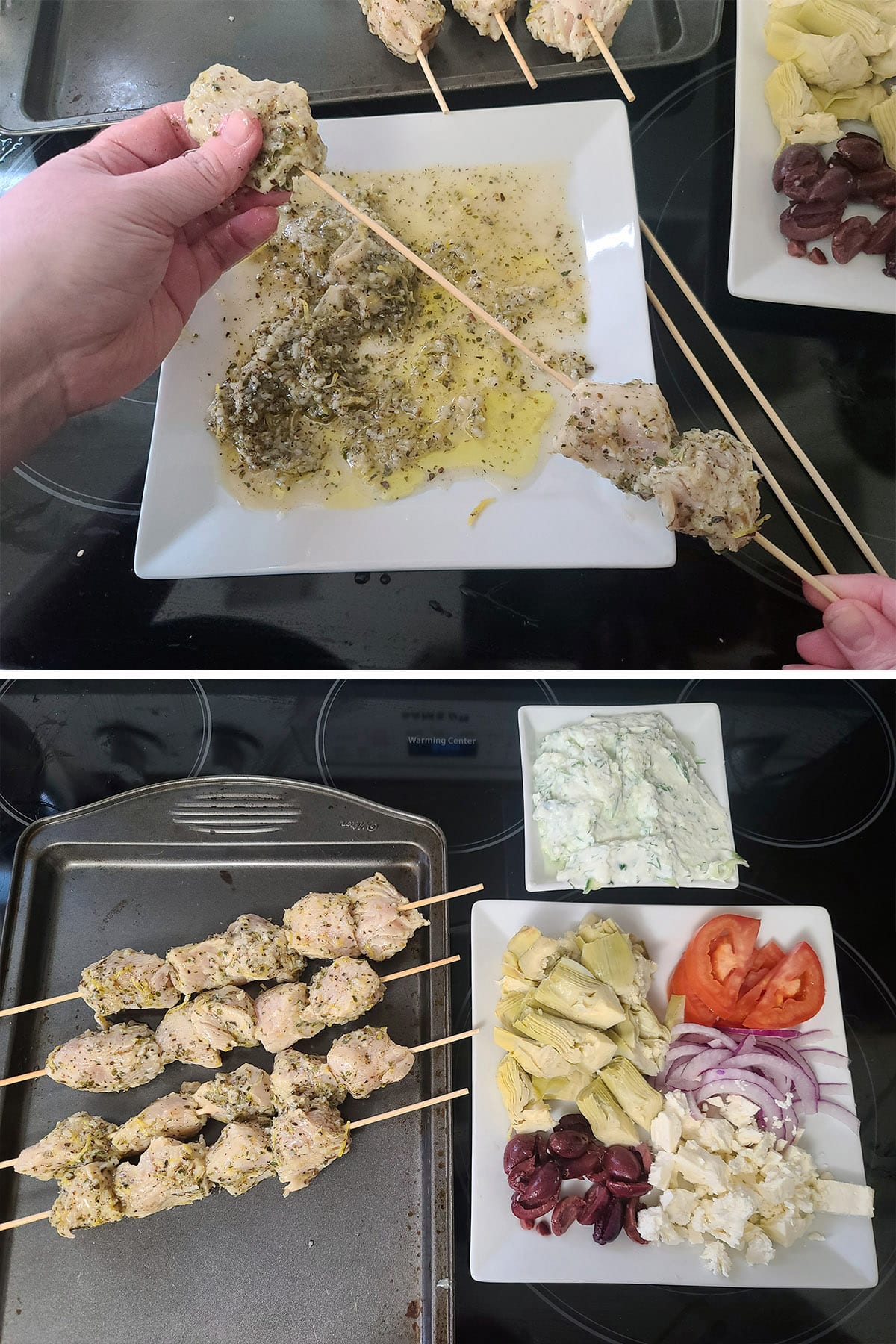 A 2 part image showing the marinated souvlaki chicken being skewered.