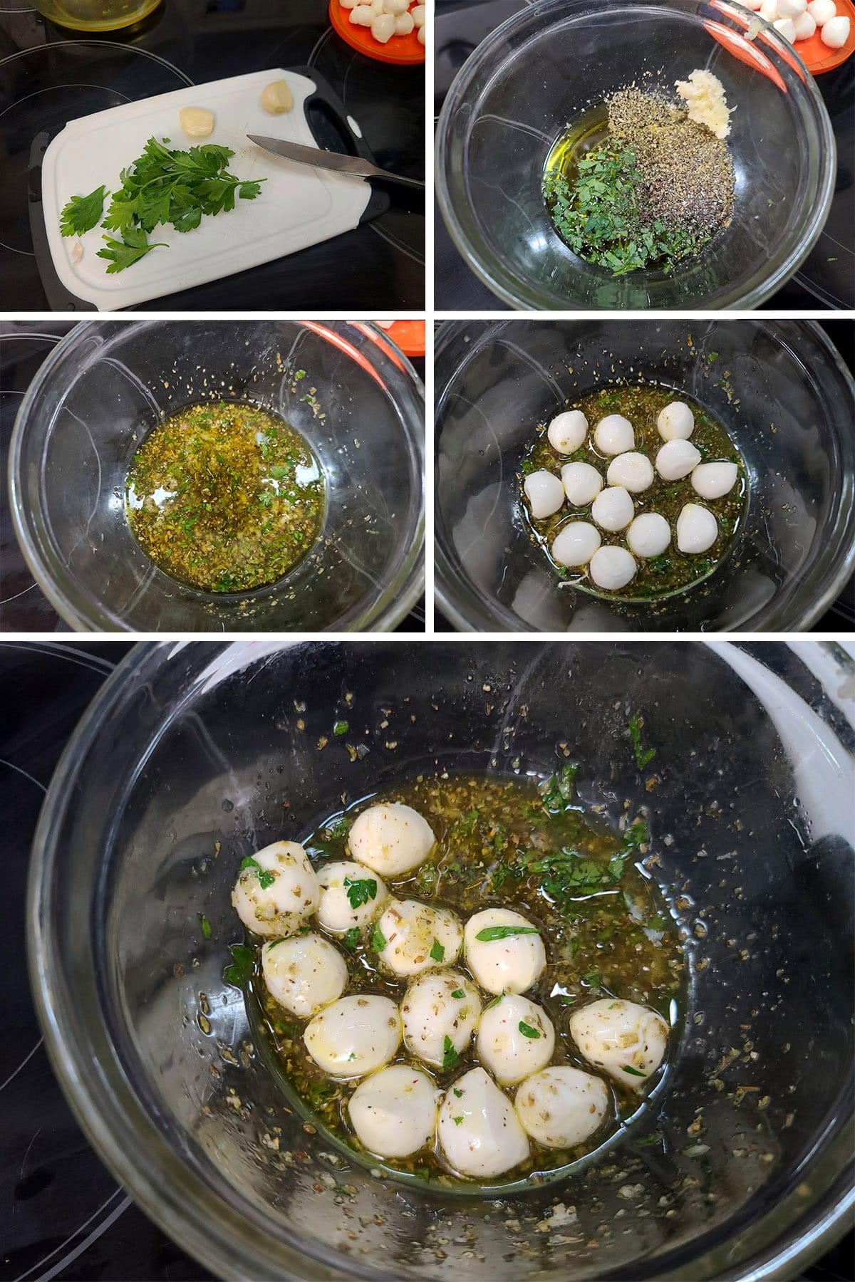 A 5 part image showing the marinade being mixed, the cheese balls added, and stirred to coat the cheese.