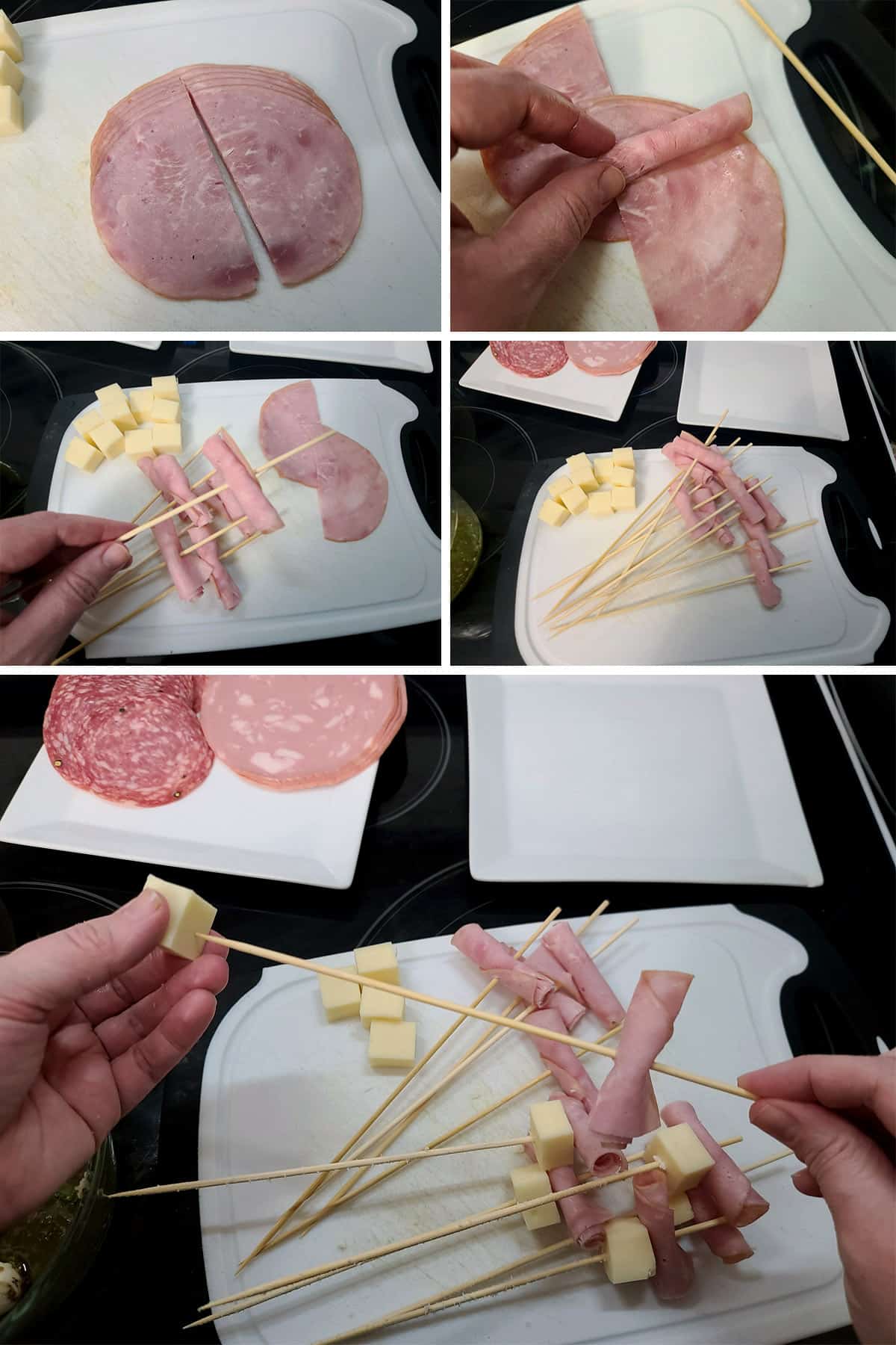 A 5 part image showing ham slices being cut in half, rolled, and skewered with cheese cubes.