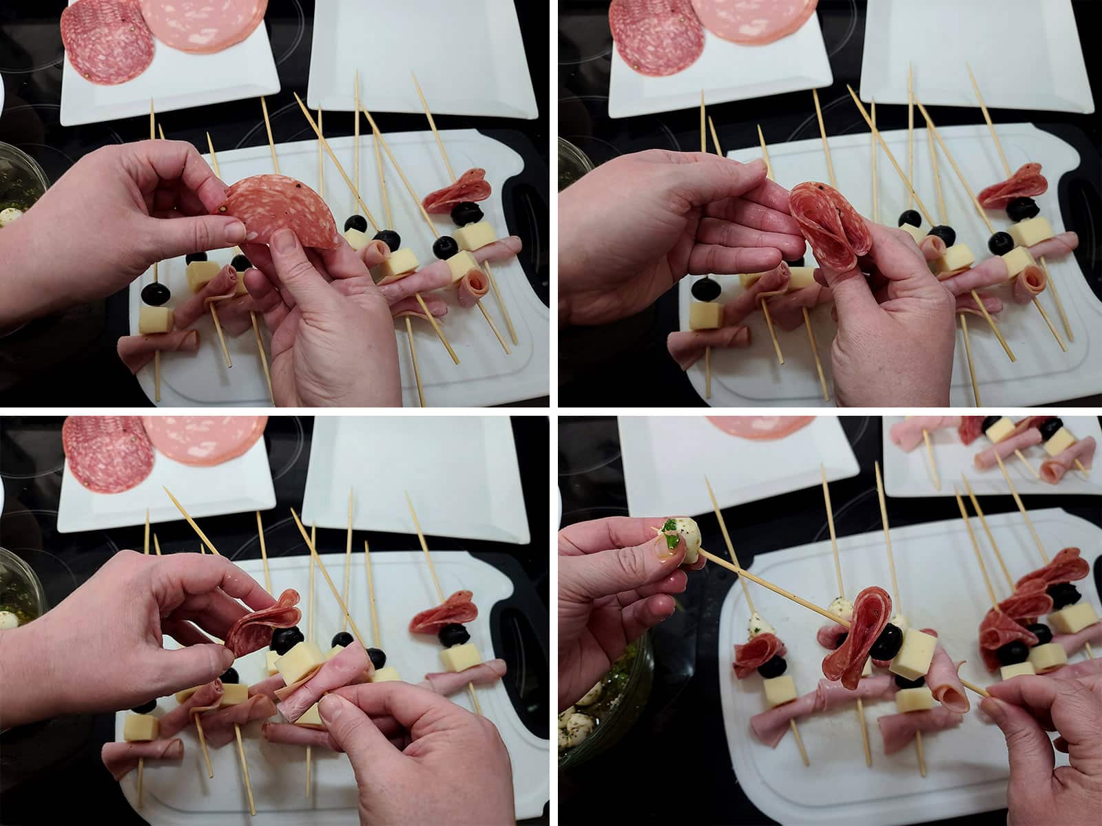 A 4 part image showing salami being folded in half, then half again and skewered.