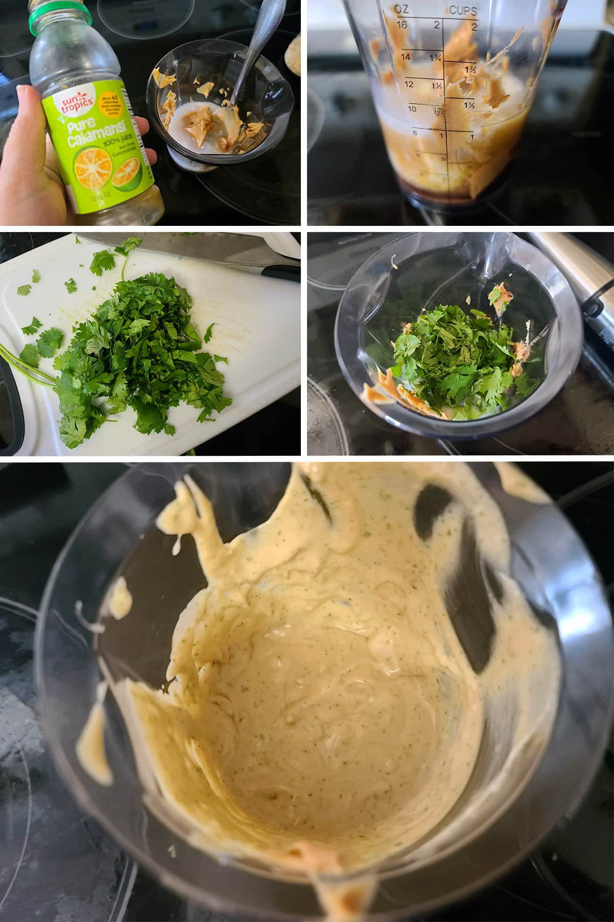 A 5 part image showing the peanut dressing being prepared in a blender cup.
