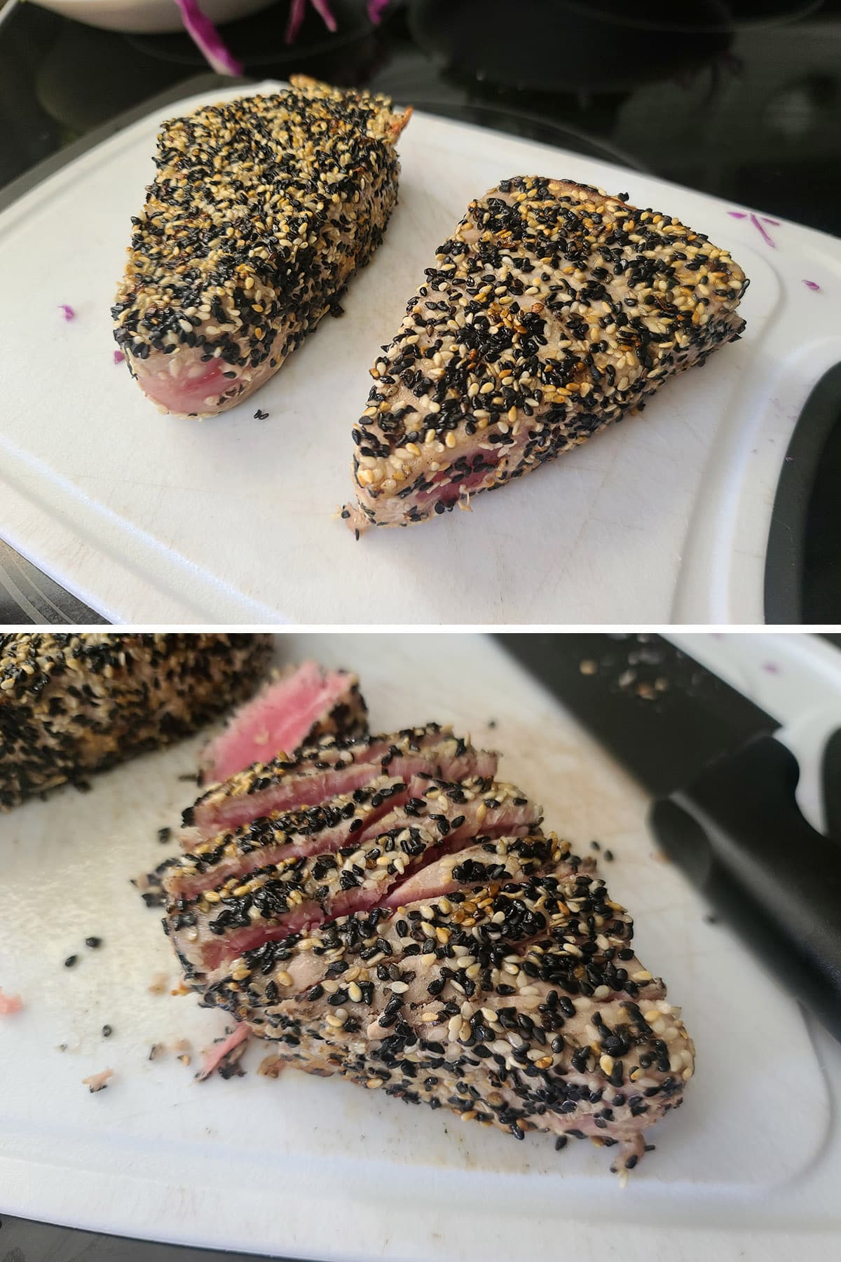 A 2 part image showing a sesame crusted tuna steak being sliced on a cutting board.
