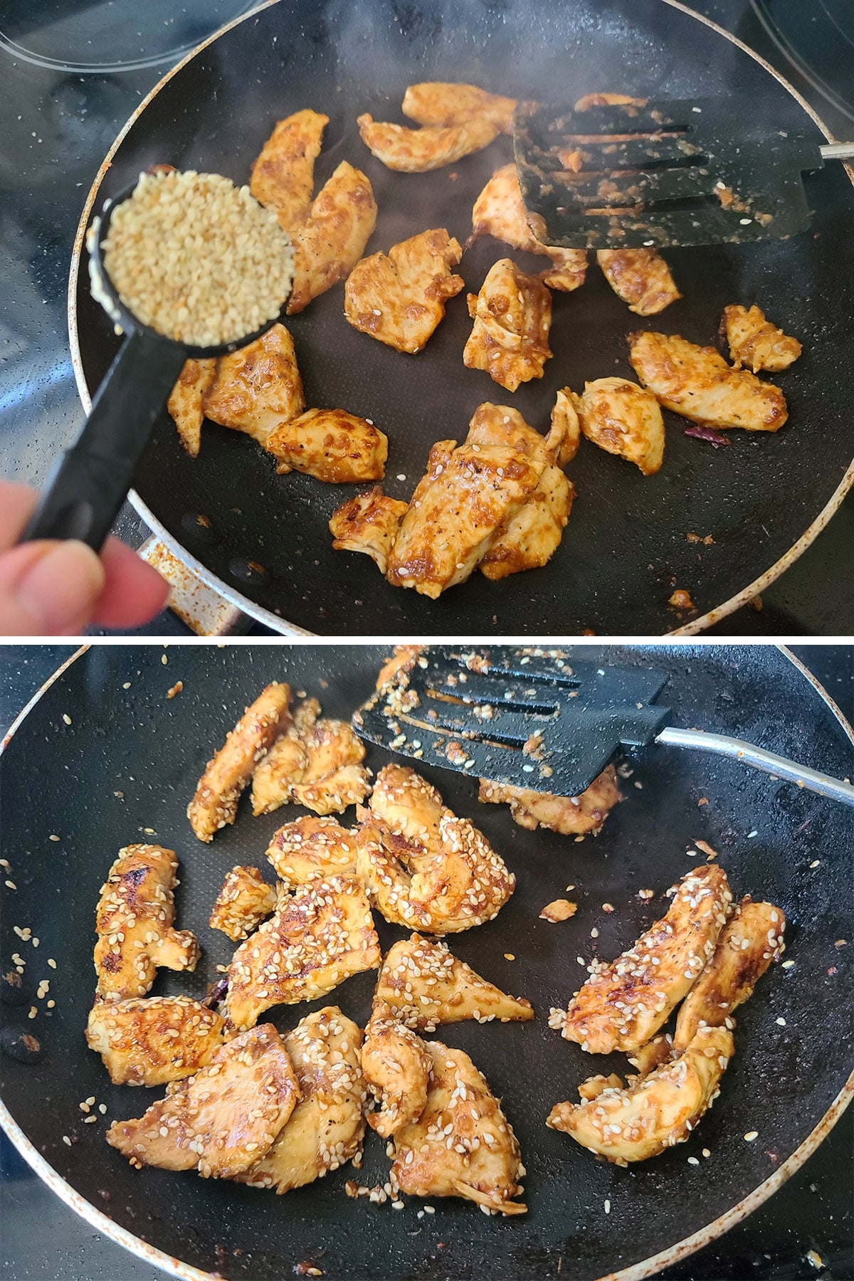 A 2 part image showing sesame seeds being added to the pan of glazed chicken.