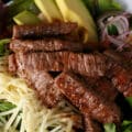 A bowl of steak salad.