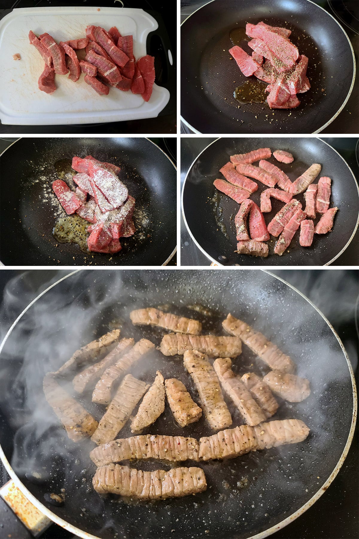 A 5 part image showing the steak being sliced, seasoned, and seared in a pan.