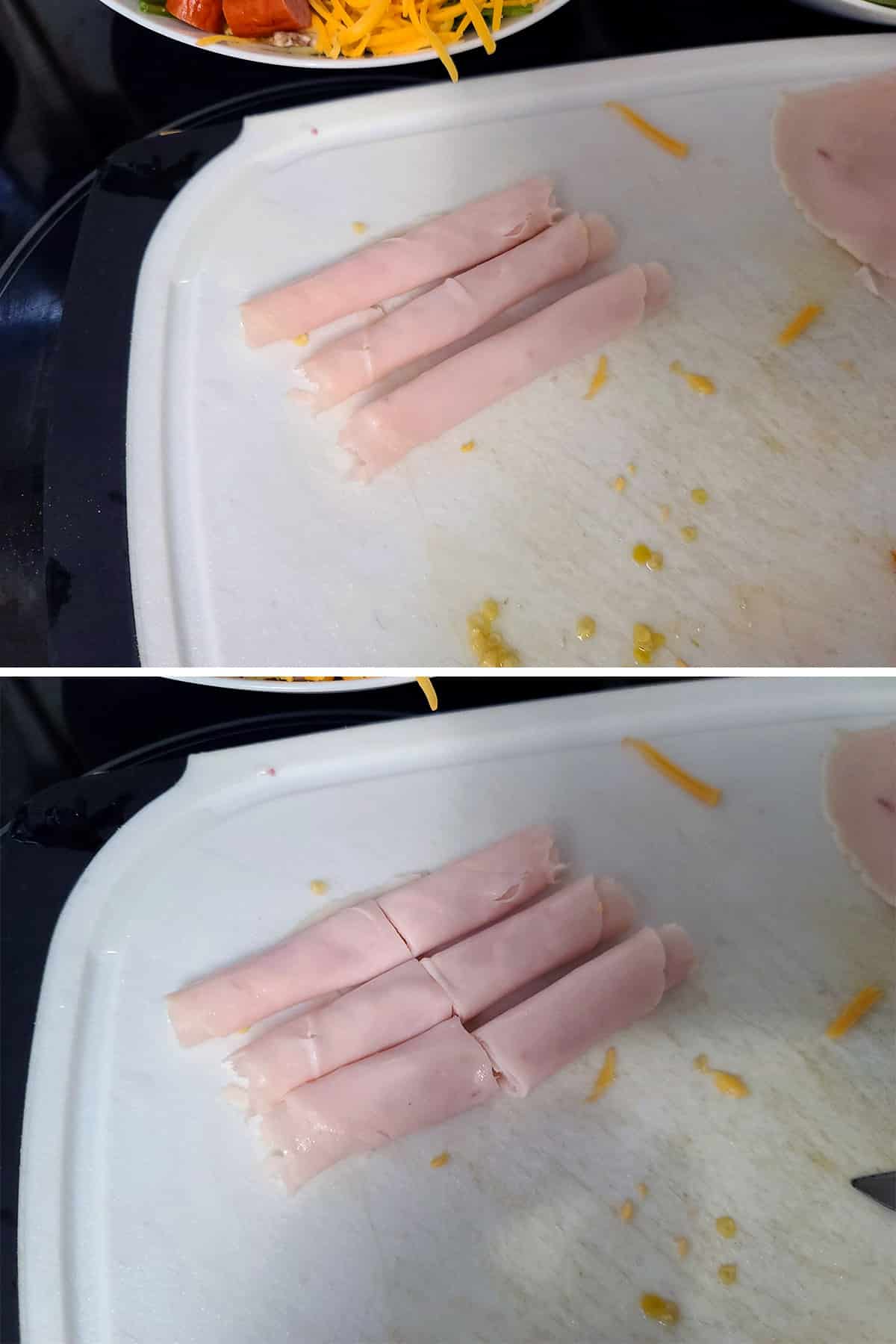 3 rolls of chicken deli meat rolled up and cut in half.
