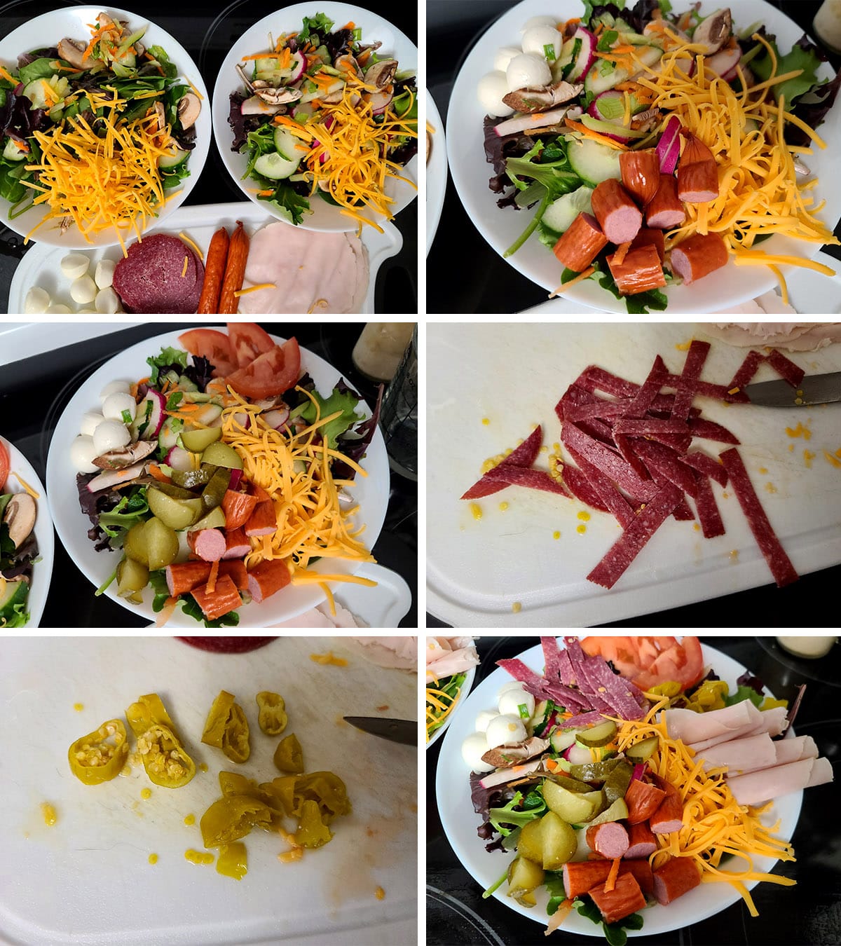 A 6 part image showing the meats and cheeses being prepared and arranged on top of the base salads.