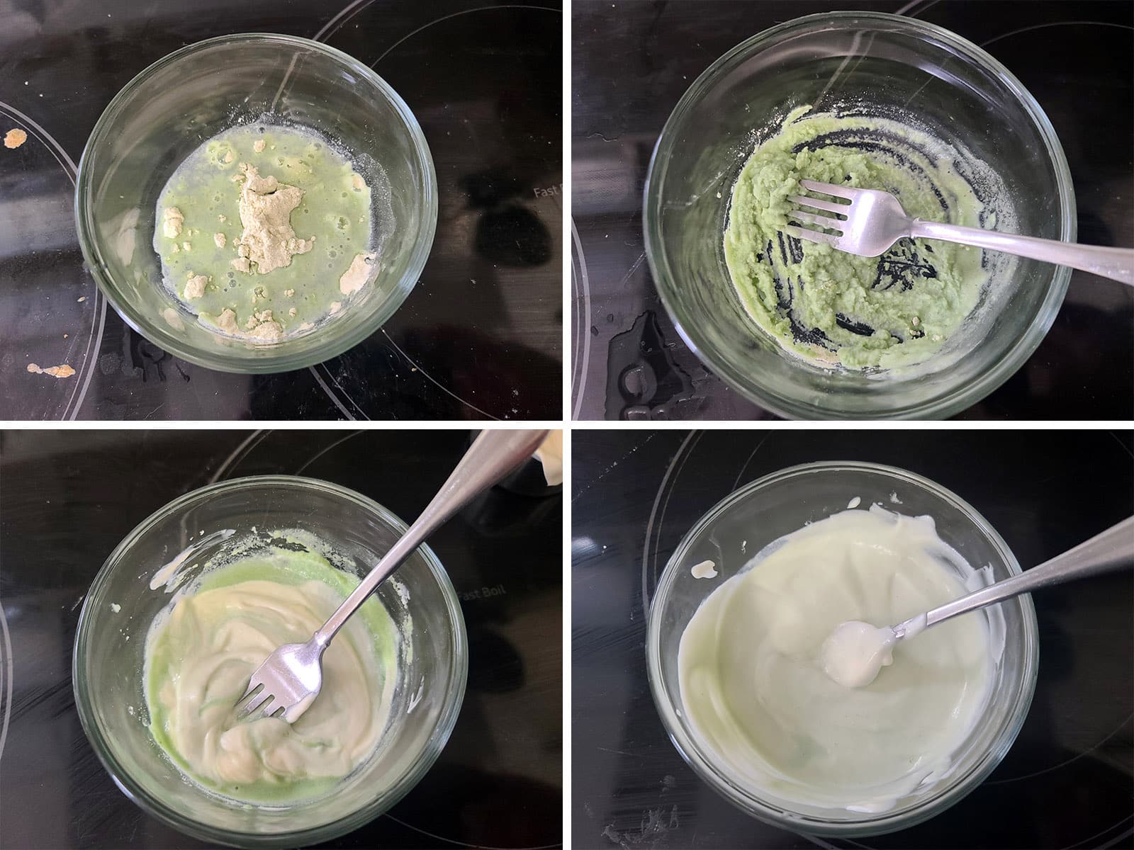A 4 part image showing the wasabi mayo being made.