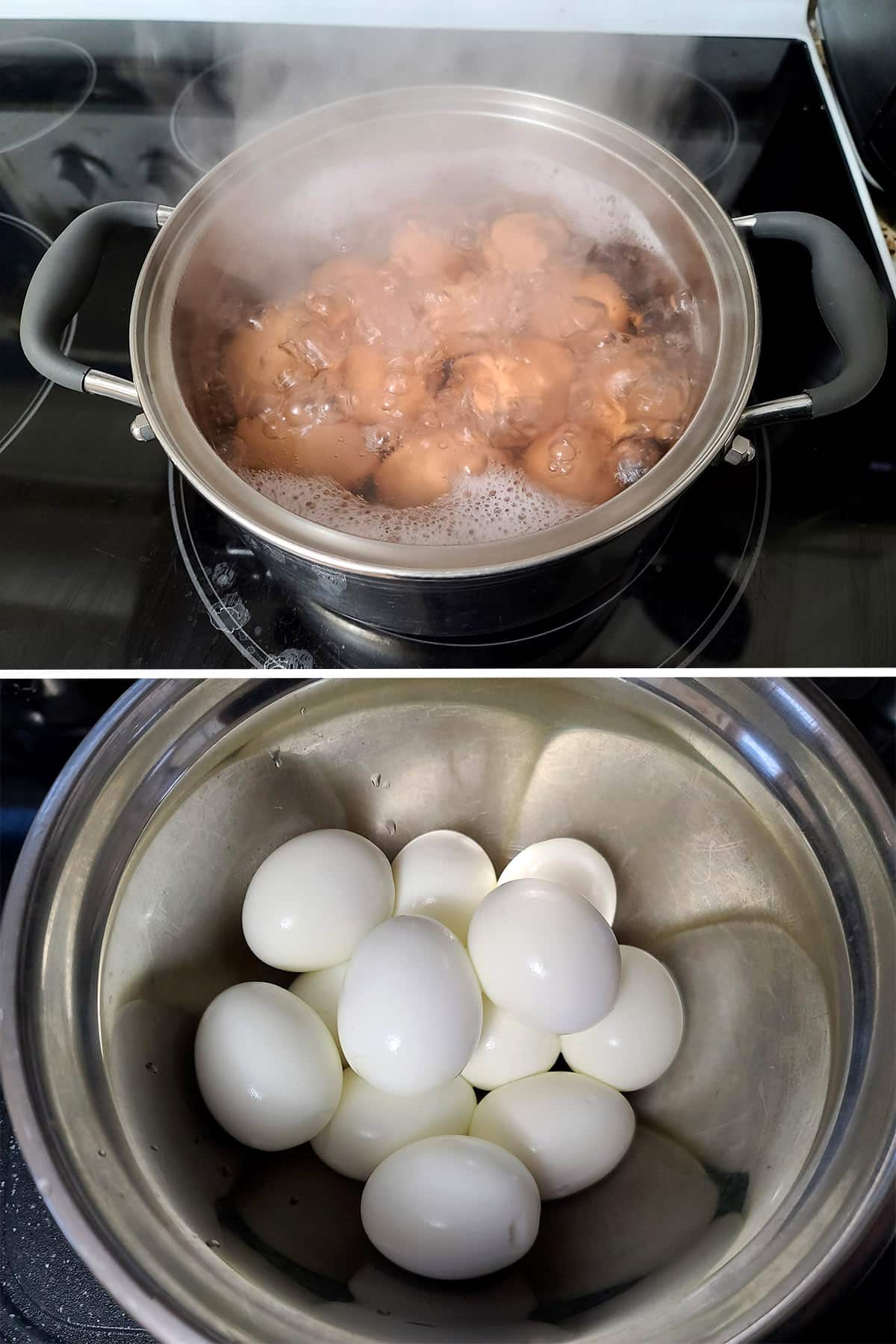 2 part image showing a pot of boiling brown shell eggs, and a bowl of those eggs after being peeled.