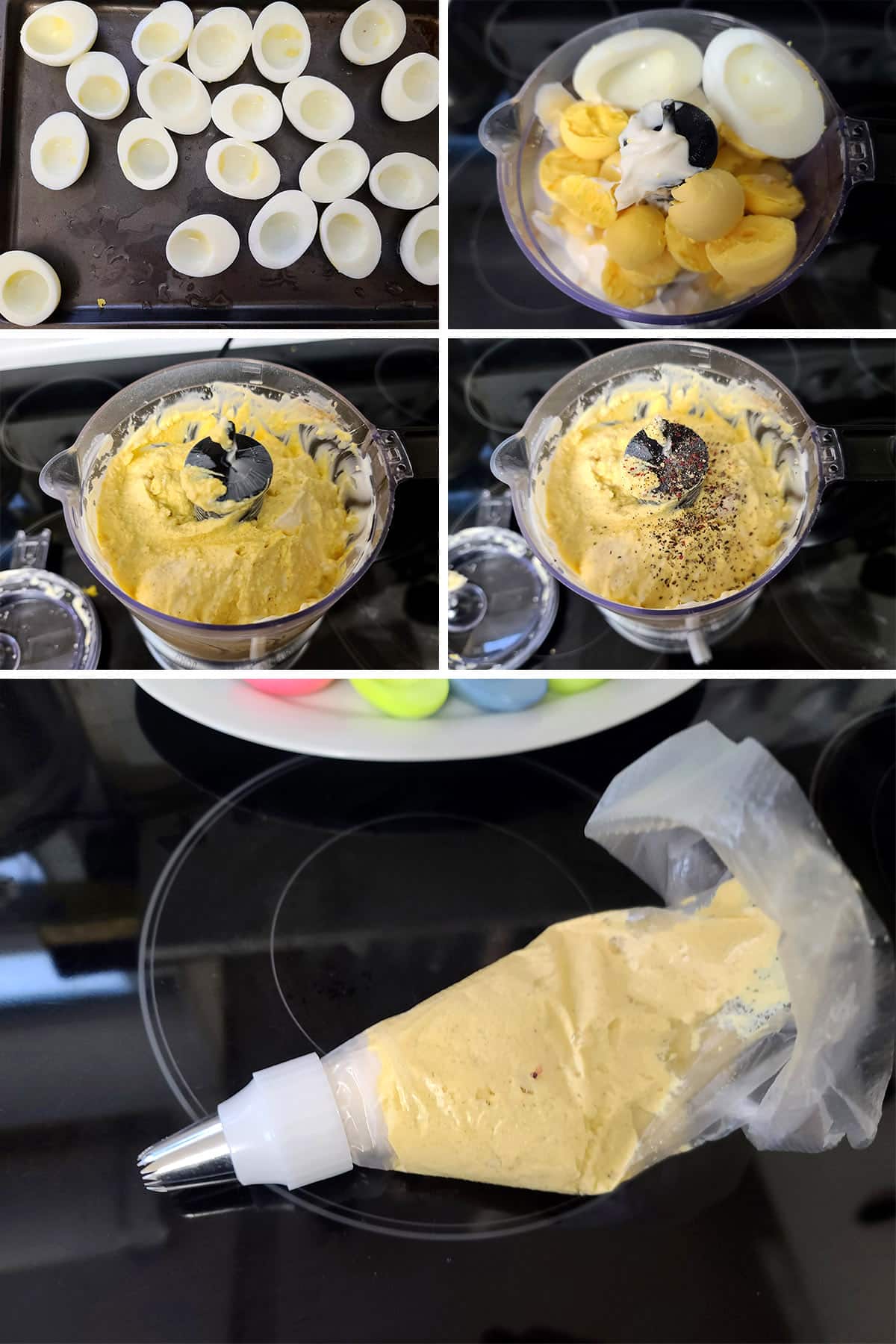 A 5 part image showing the filling being made in a food processor then spoon into a piping bag.