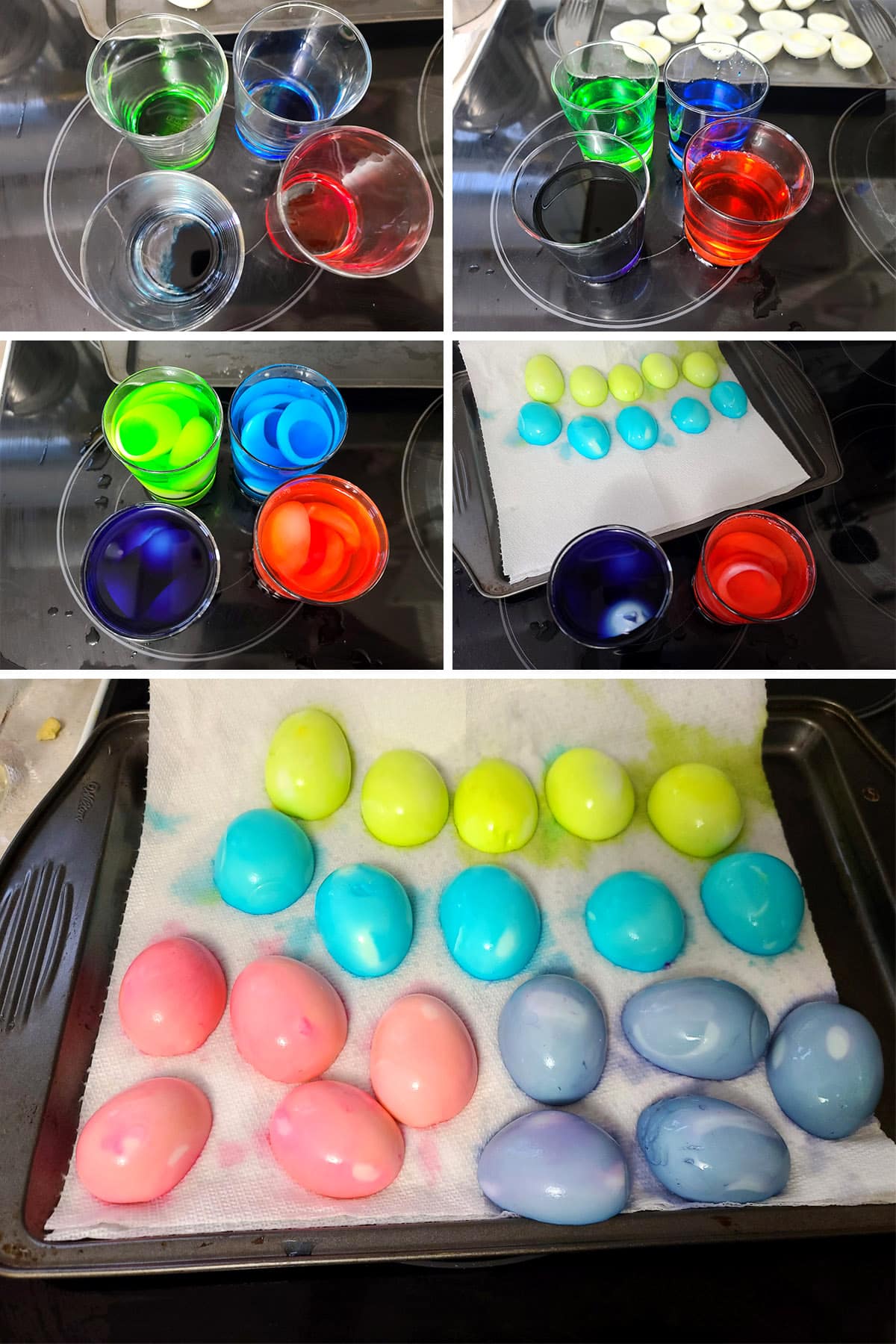 A 5 part image showing the dyes being mixed in glasses, egg whites being dyed, and colorful egg whites draining on paper towels.
