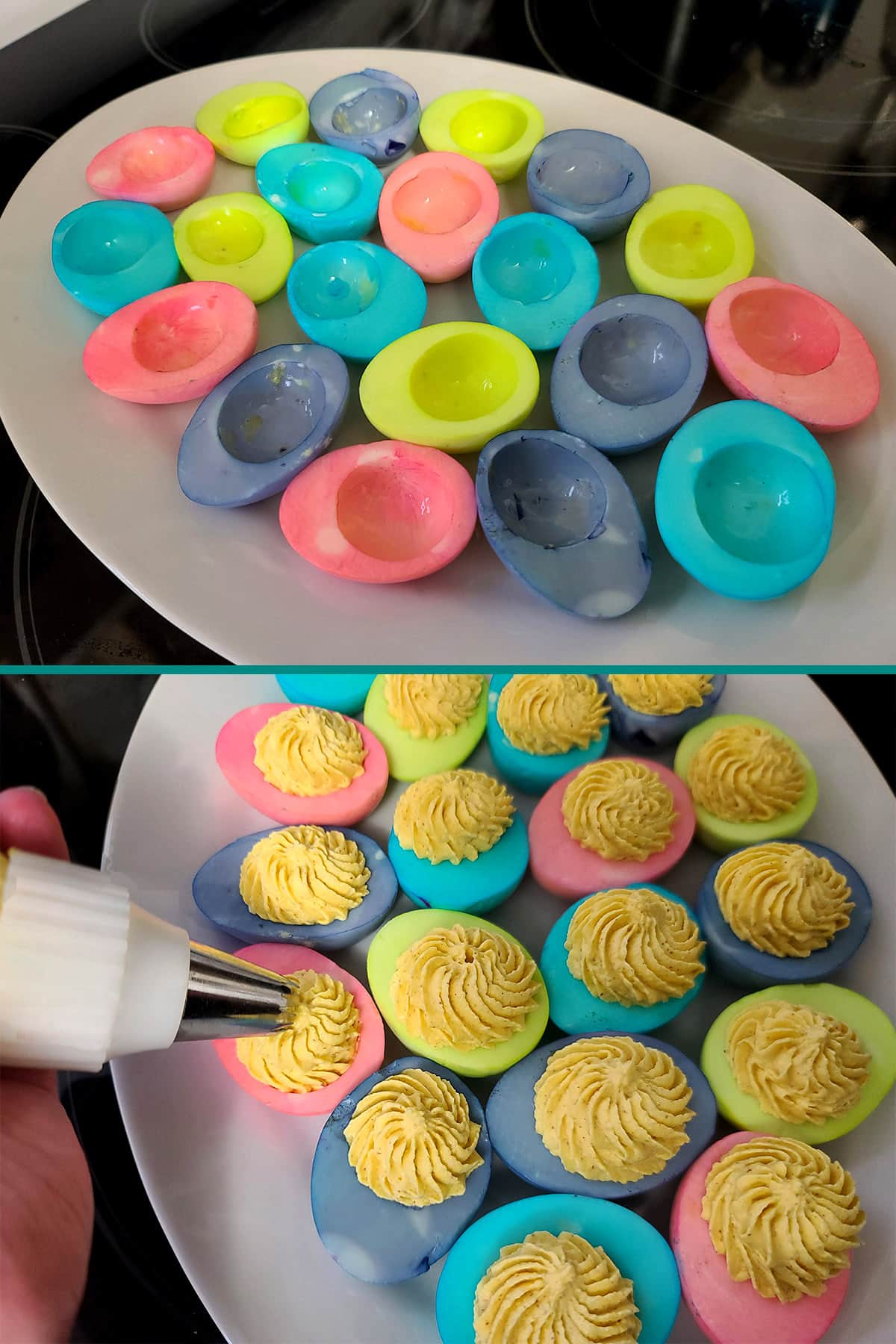 A 2 part image showing a serving platter of colored egg whites, before and after having the filling piped in them.