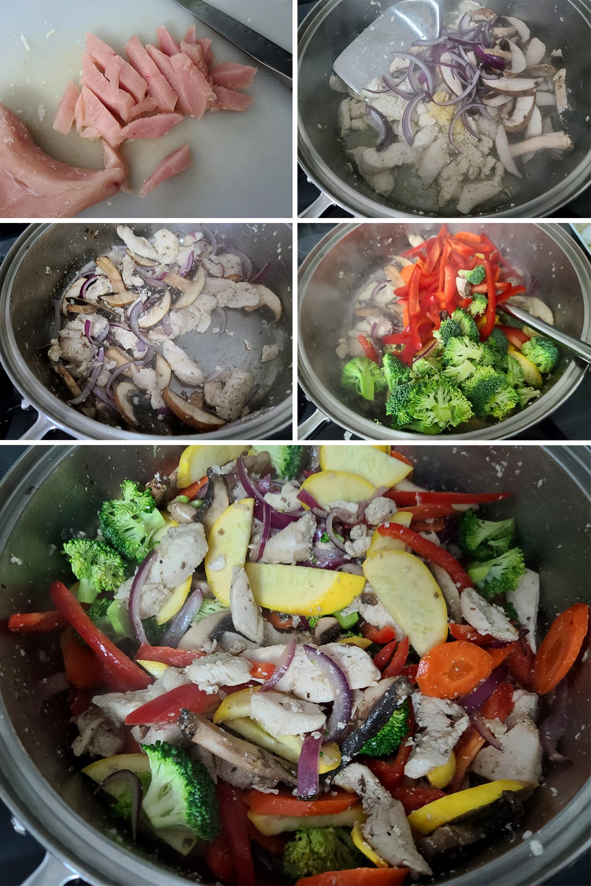 A 5 part image showing the chicken being cooked with the onions and mushrooms, then the rest of the veggies being added.