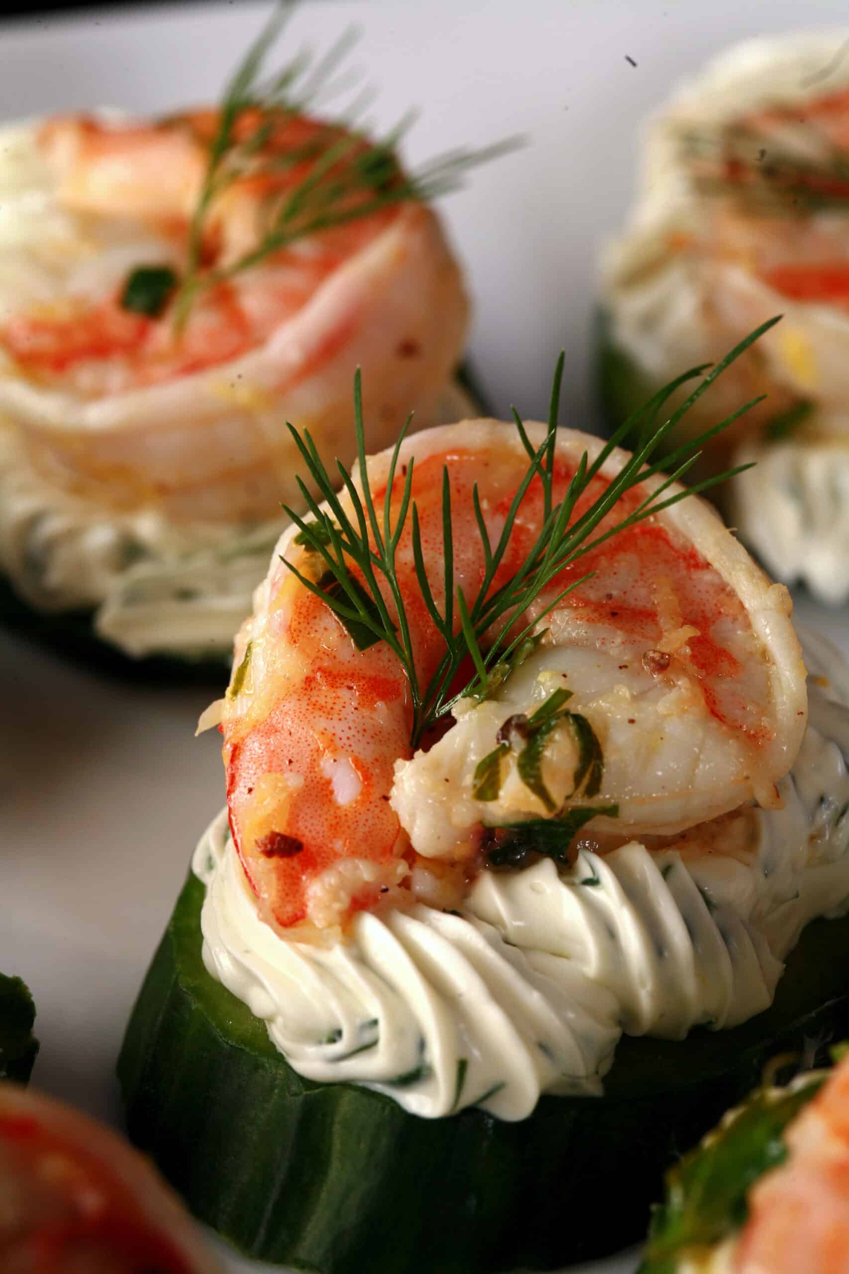 A plate of shrimp canapes, using cream cheese and cucumber slices.