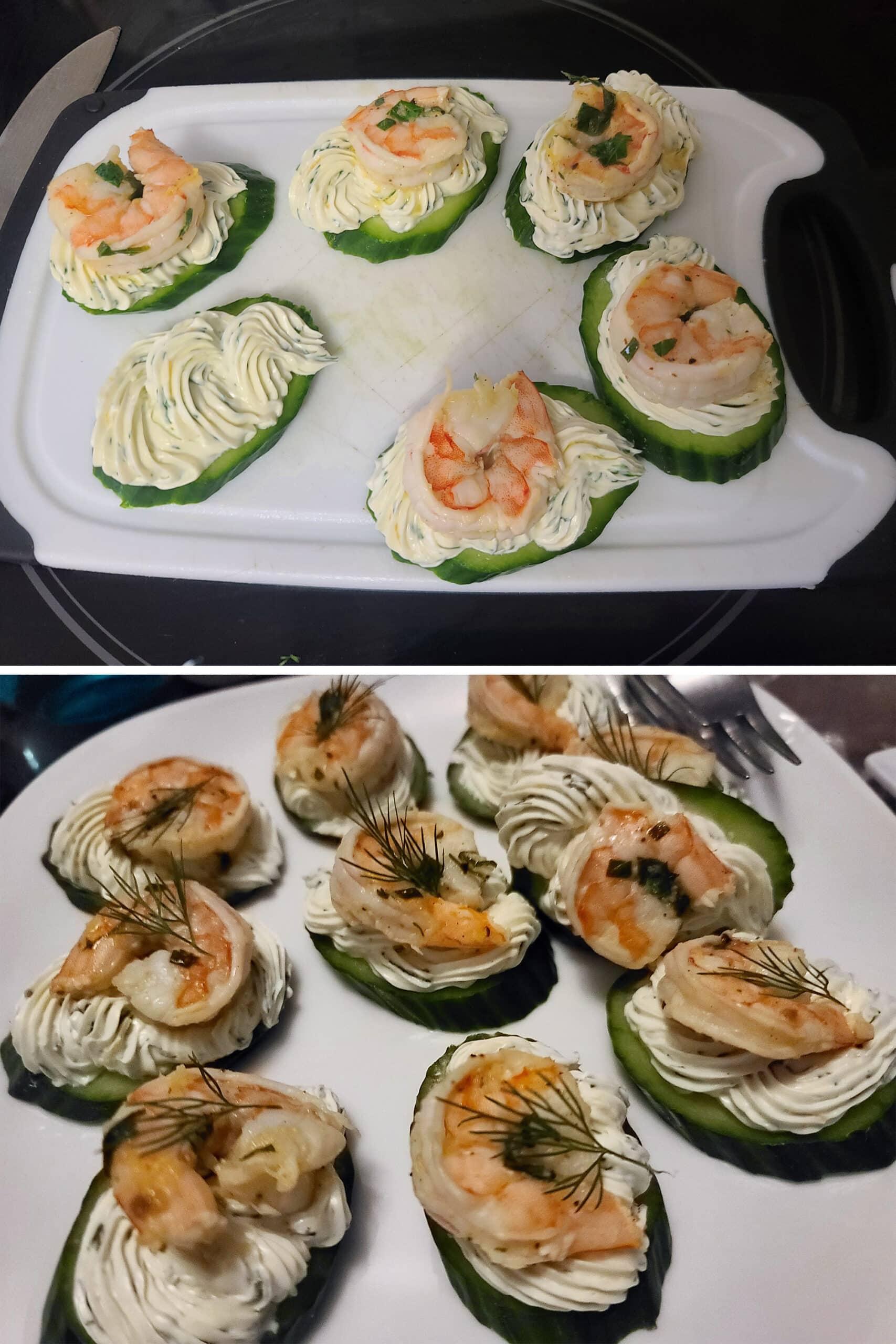A 2 part image showing the  cream cheese canapes being topped with shrimp and dill.