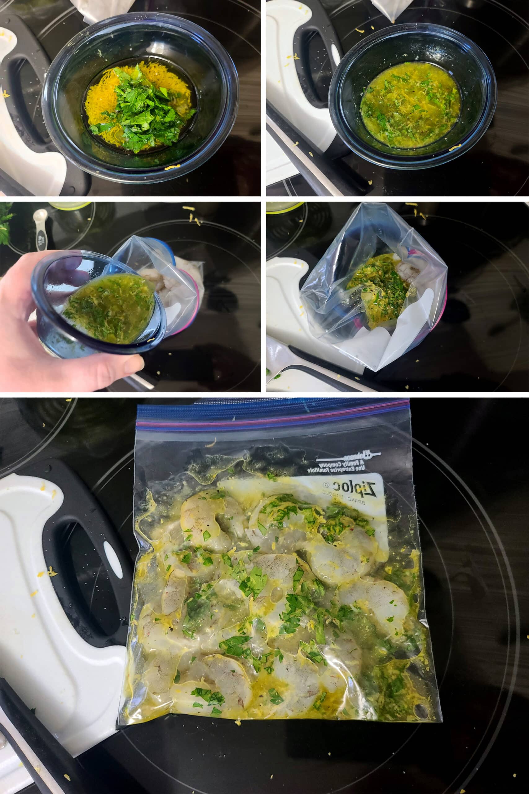A 5 part image showing the lemon garlic marinade being mixed and poured in the baggie of shrimp.