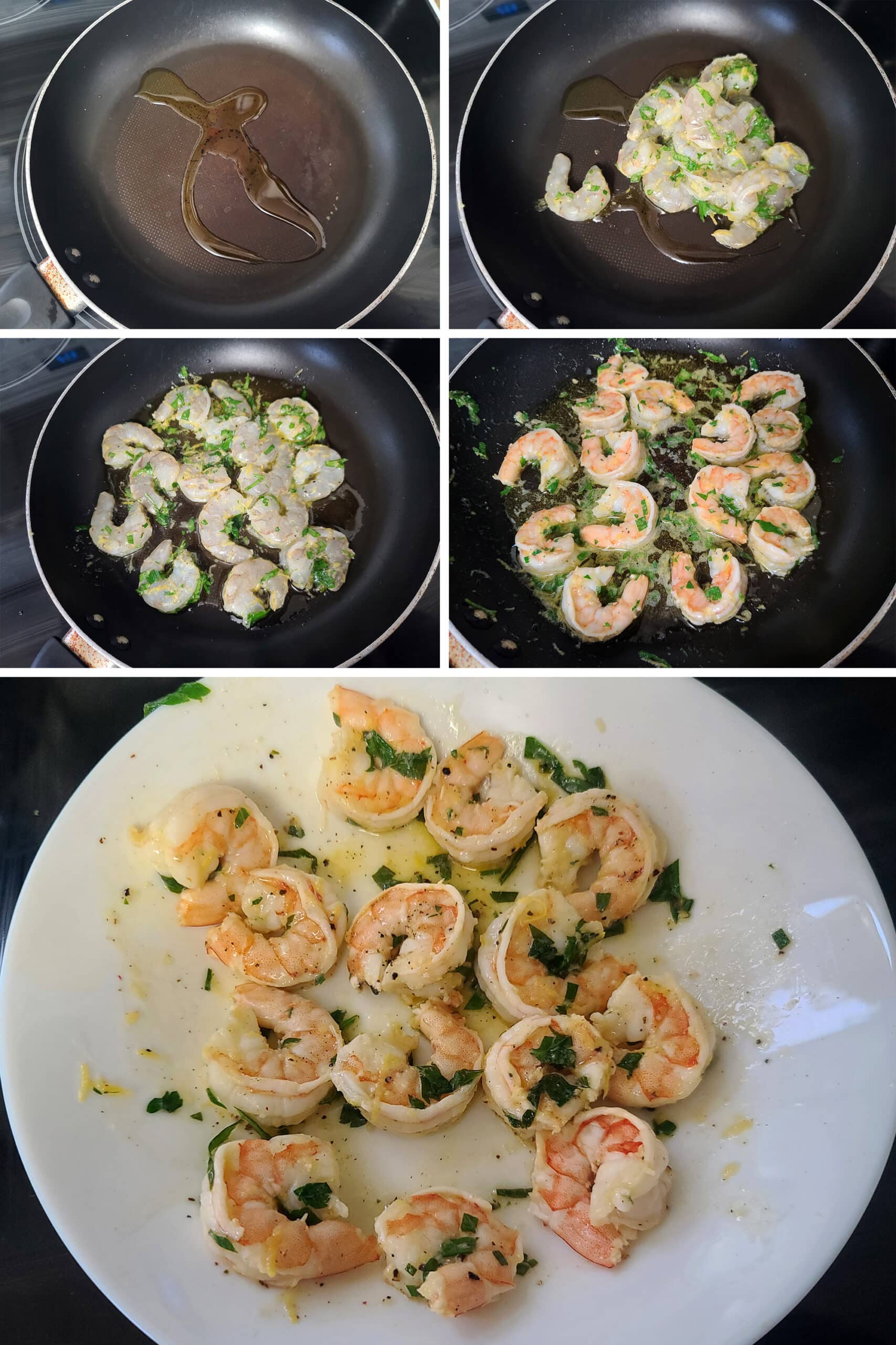 A 5 part image showing the lemon garlic shrimp being sauteed.