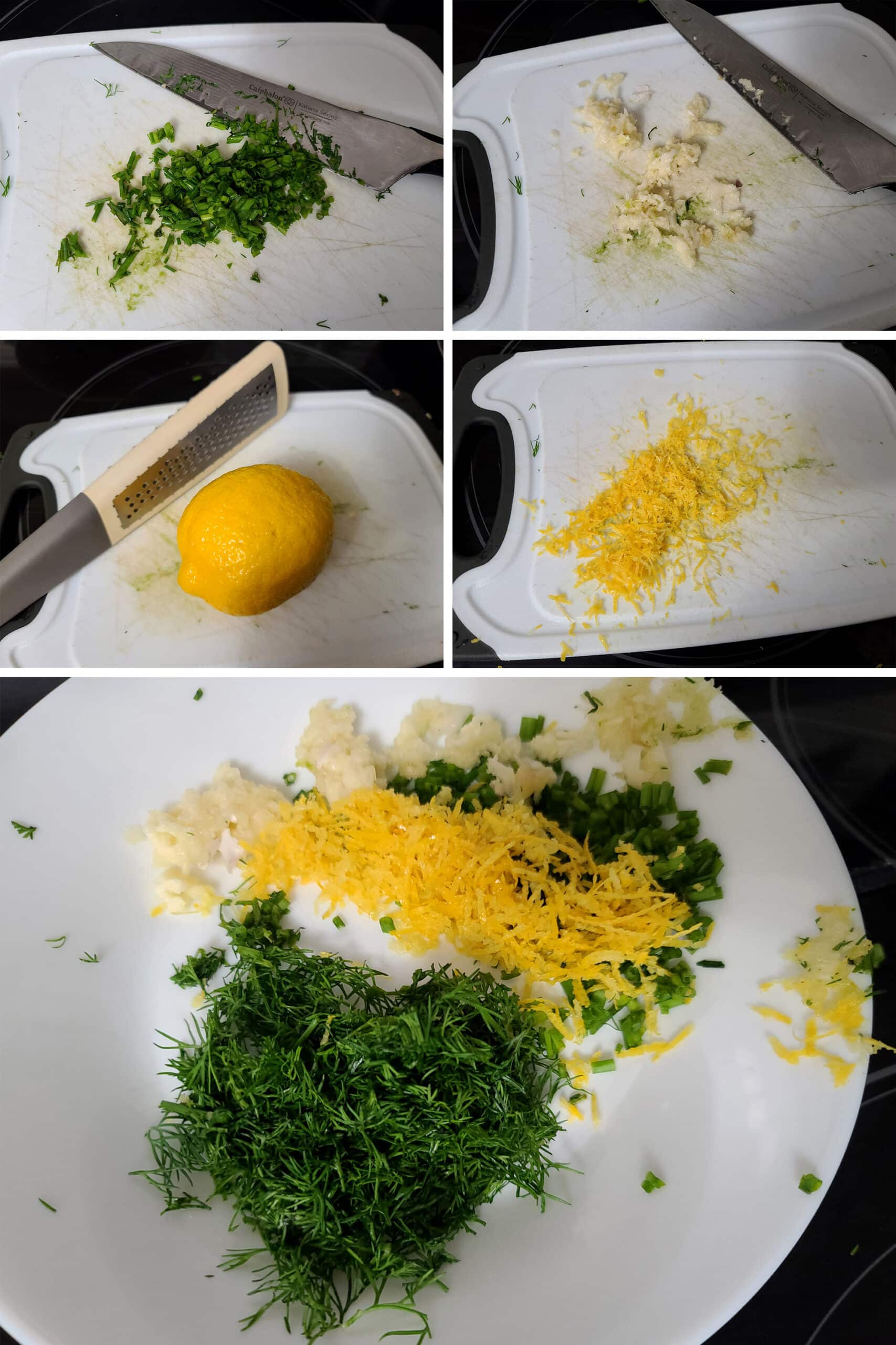 A 5 part image showing the herbs chopped, garlic pressed, and lemon zested.