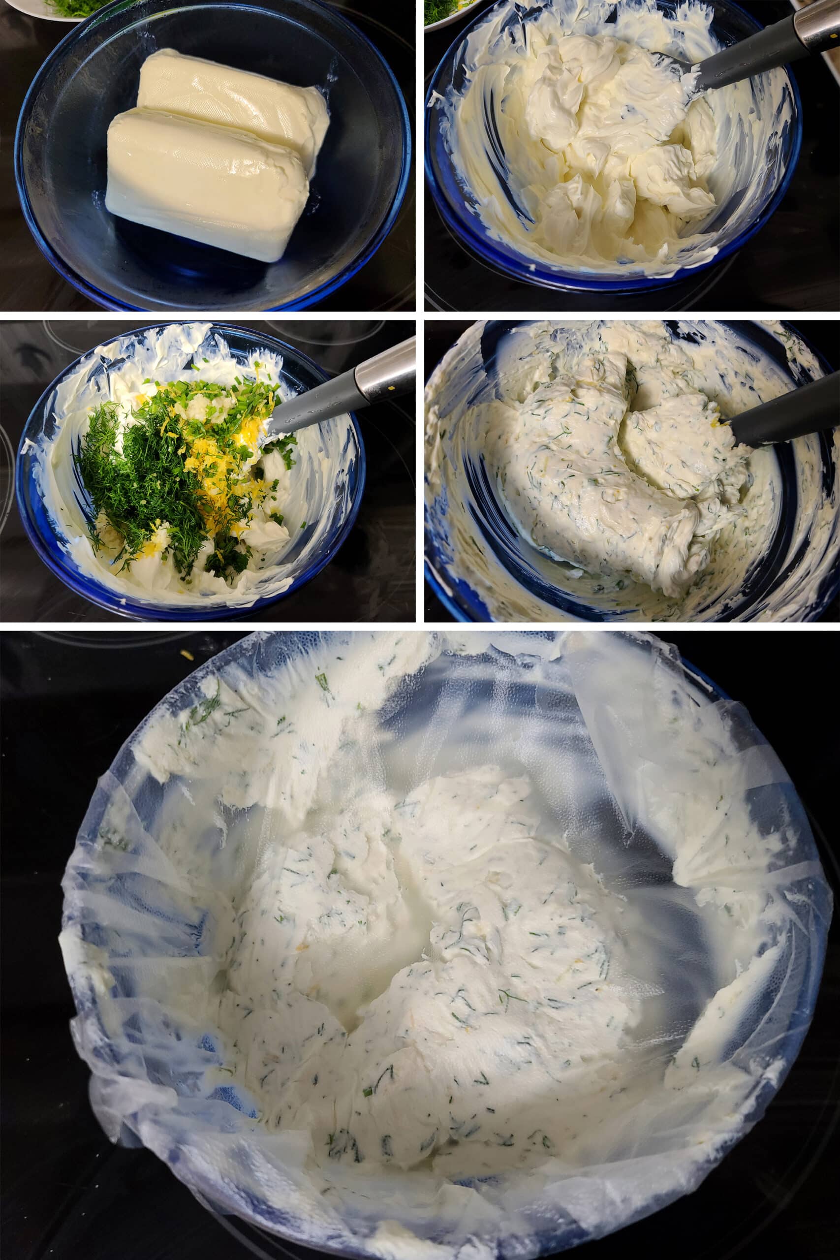 A 5 part image showing softened cream cheese being beaten, and the other ingredients mixed in.
