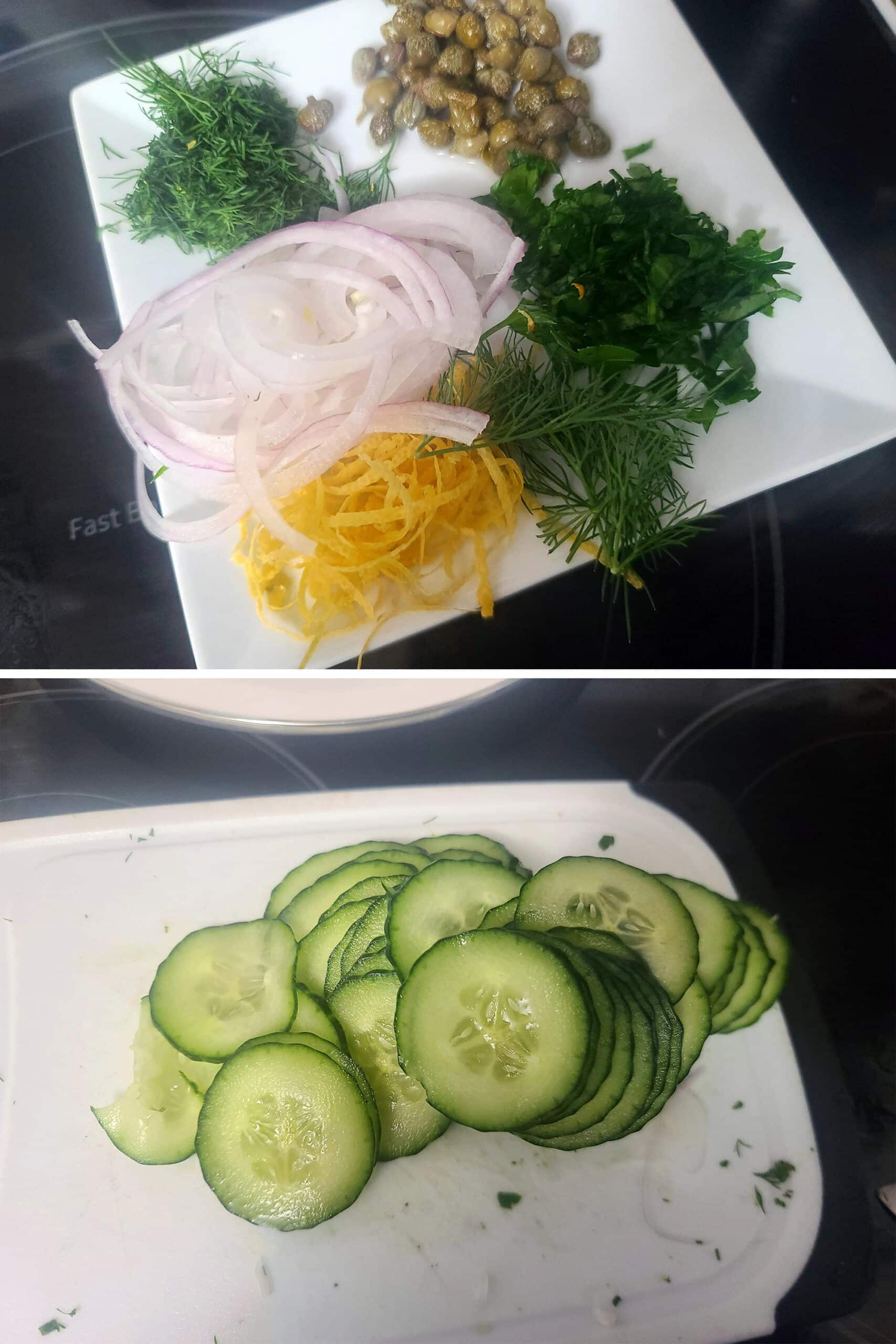 A 2 part image showing a plate of the prepared toppings, and a cutting board with thinly sliced cucumber on it.