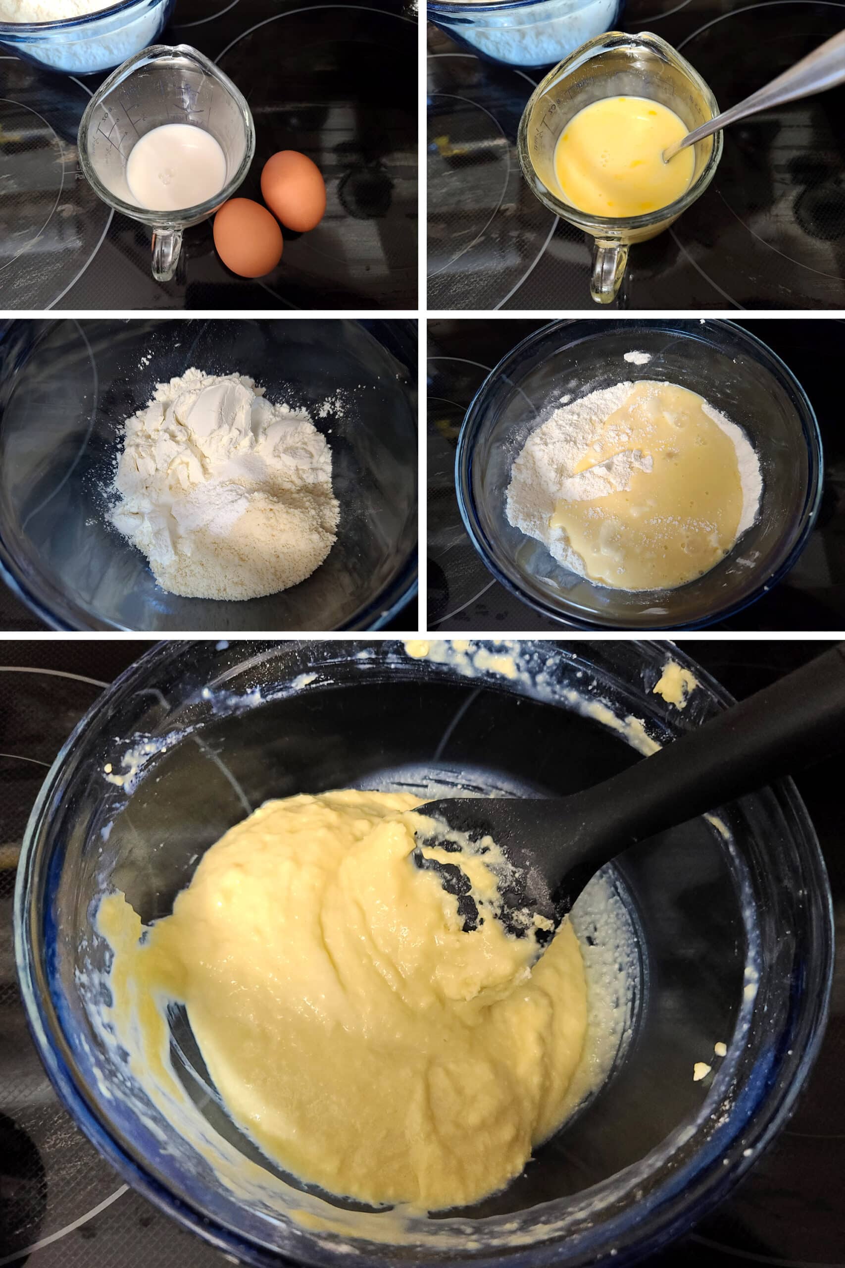 A 5 part image showing the wet ingredients being mixed in a glass measuring cup, dry ingredients in a bowl, mixed together for a pancake batter.