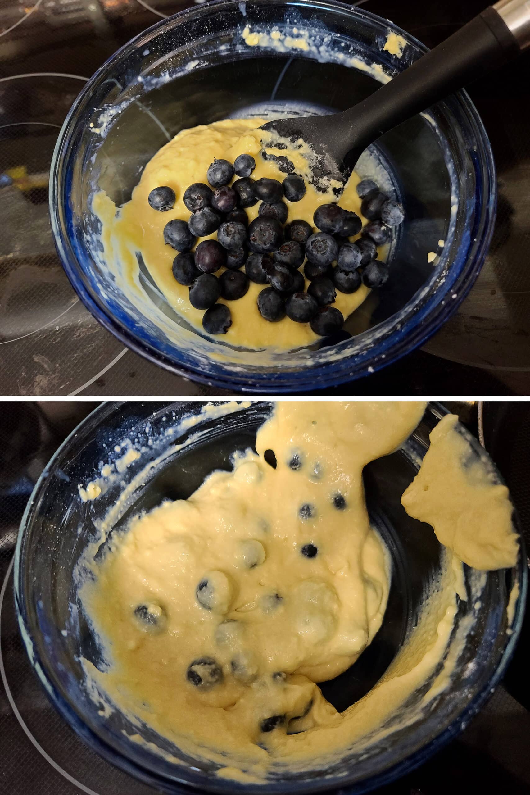 A 2 part image showing fresh blueberries being folded into the vanilla protein pancake batter.