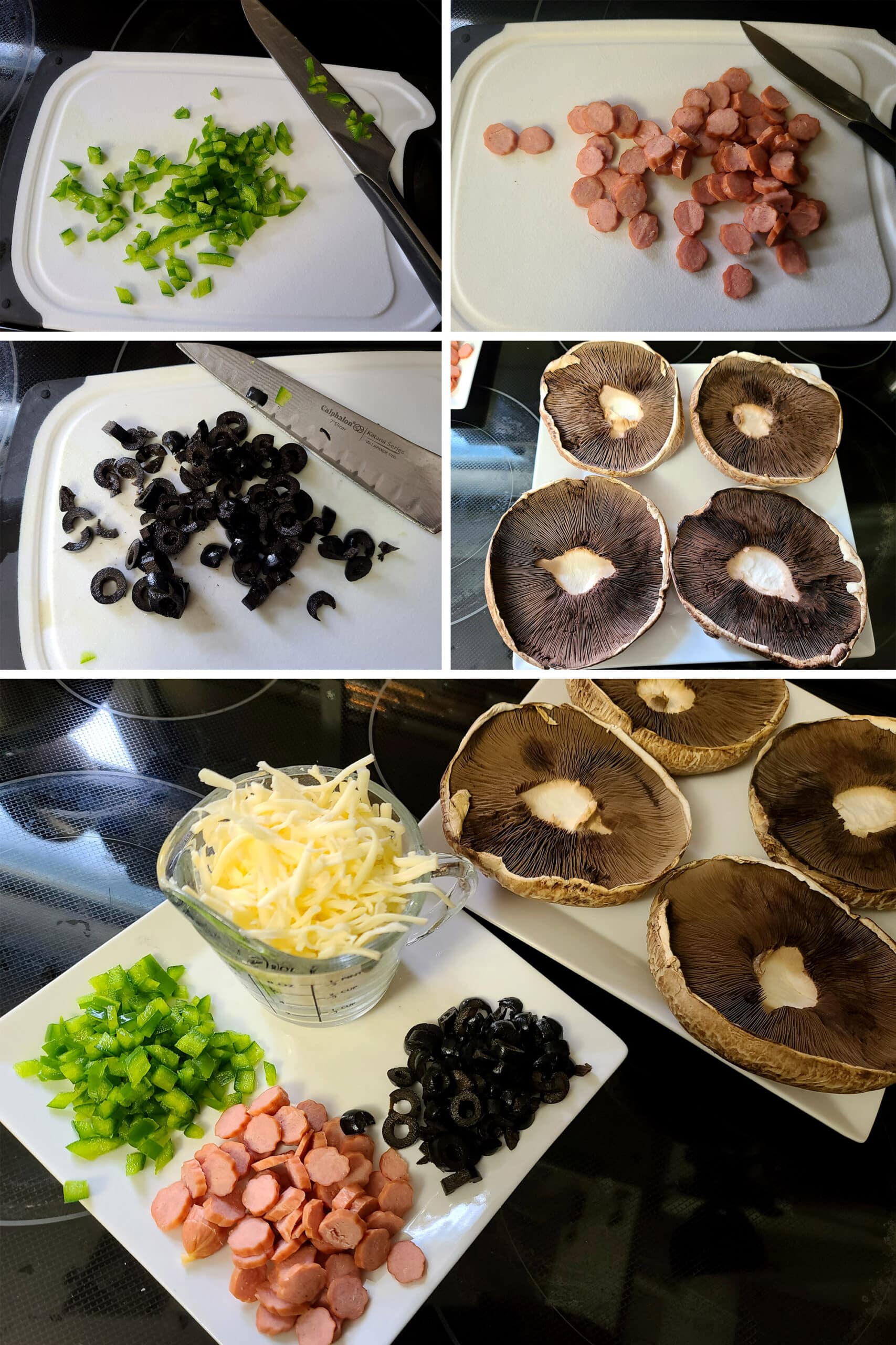 A 5 part image showing the pepper, pepperoni, and black olives being chopped, the mushrooms being prepared, and everything laid out, ready to assemble.